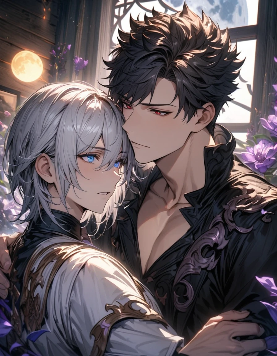 absurdres, highres, ultra detailed, HDR), masterpiece, Lucilius, white hair with bangs, white tunic, expressive blue eyes, Belial, black short hair, hair between the eyes, expressive red eyes, black clothes, 2men together, gay couple, handsome, granblue fantasy, purple flowers, purple petals, moon, window