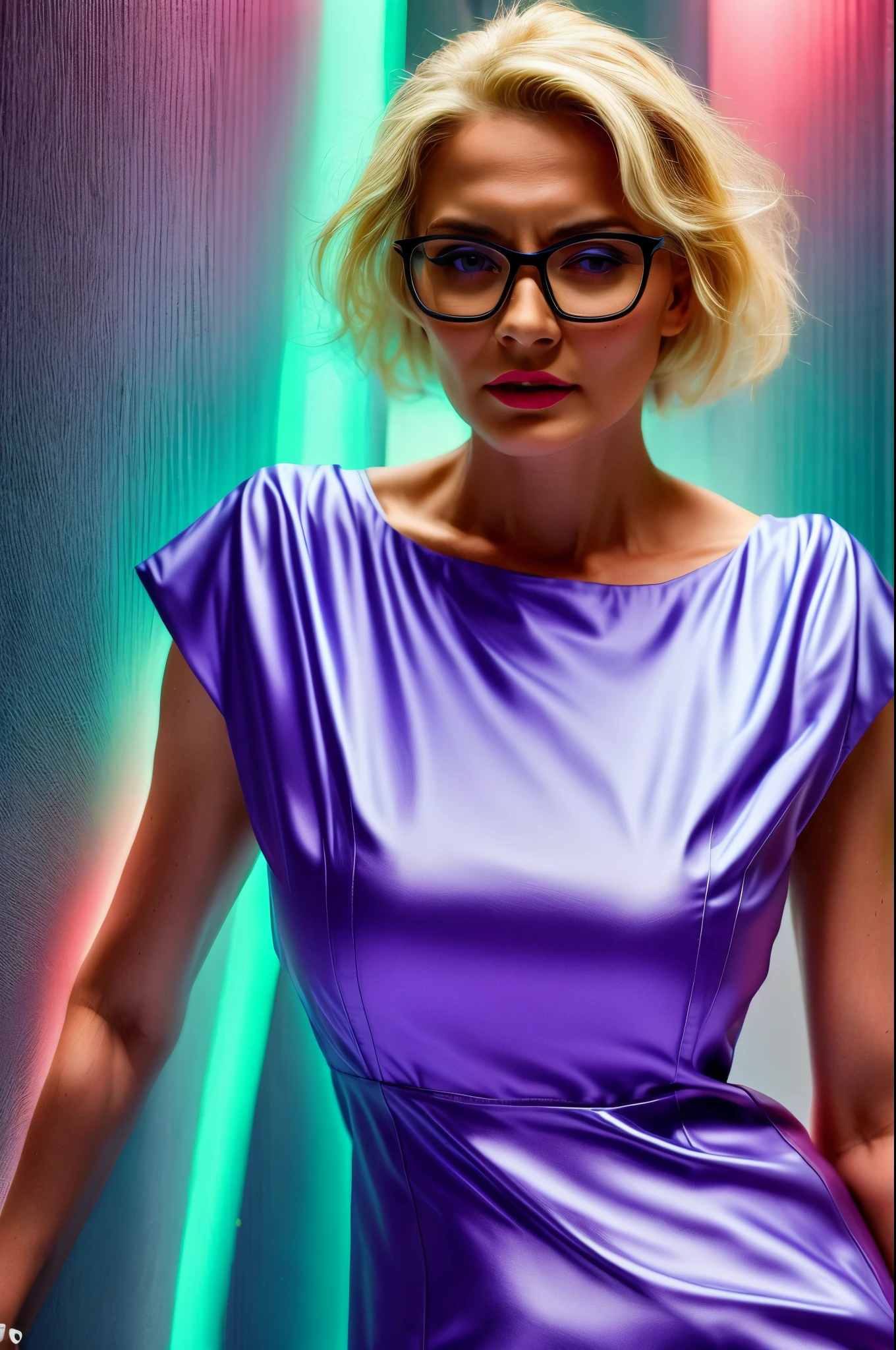 corpo inteiro fotografado de frente linda mulher com vestido roxo fluorescente de couro, na noite , movimento, azul, Neon, movimento, foto realista