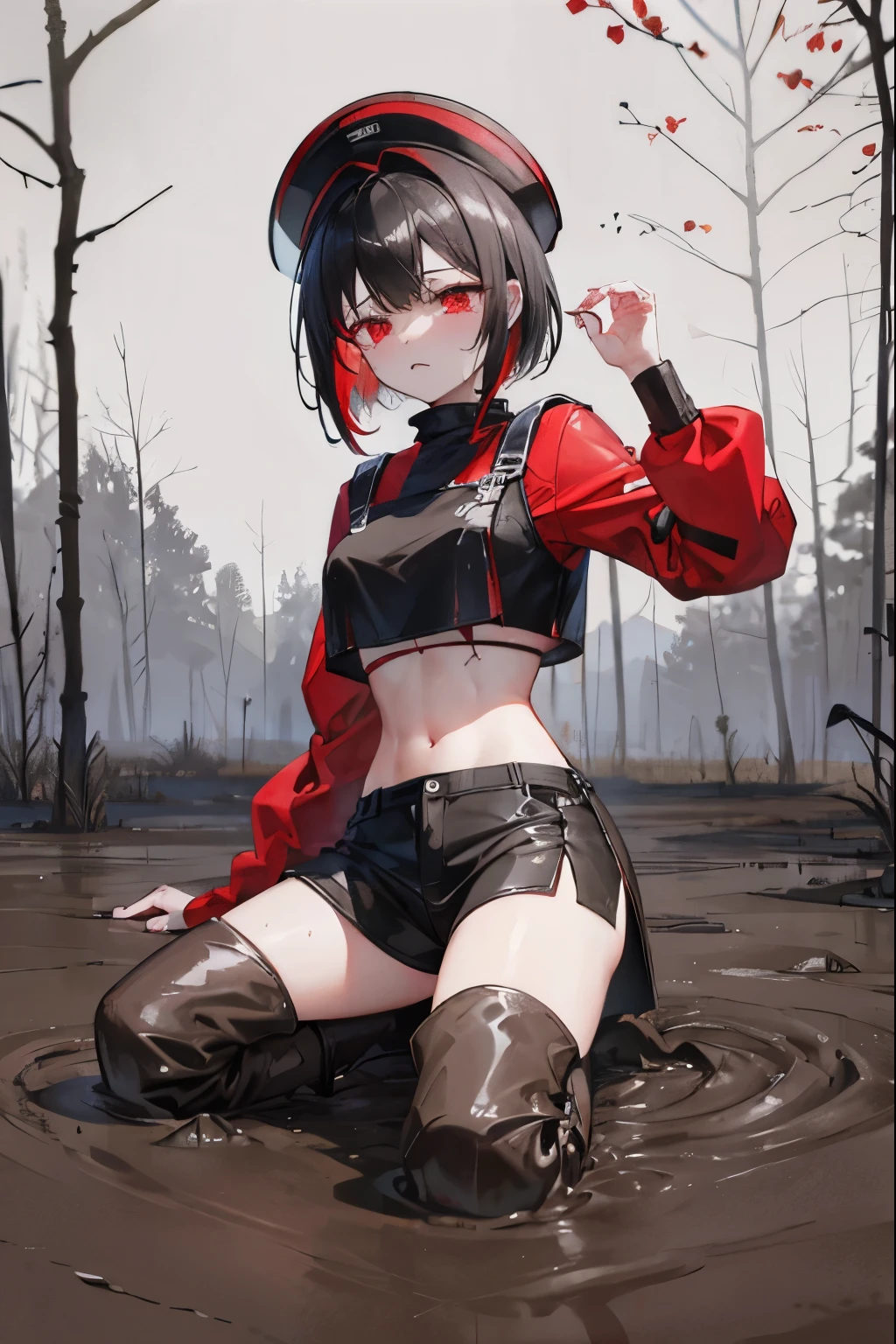 (black hair,red highlights,wolf cut hairstyle,wearing crop top,wearing a hat,wearing boots,clear lines,1024px resolution,struggling in a muddy swamp,covered in mud,with a look of despair,crying)