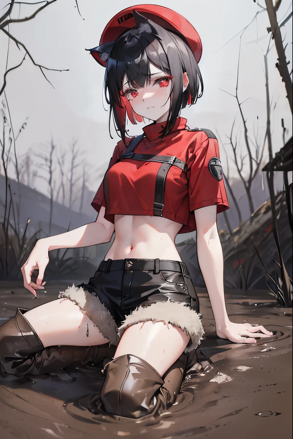 (black hair,red highlights,wolf cut hairstyle,wearing crop top,wearing a hat,wearing boots,clear lines,1024px resolution,struggling in a muddy swamp,covered in mud,with a look of despair,crying)