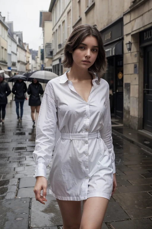 une fille, longs poils noirs raides, chemise blanche et jean bleu, marcher sous la pluie, rue animée avec des lumières de jante