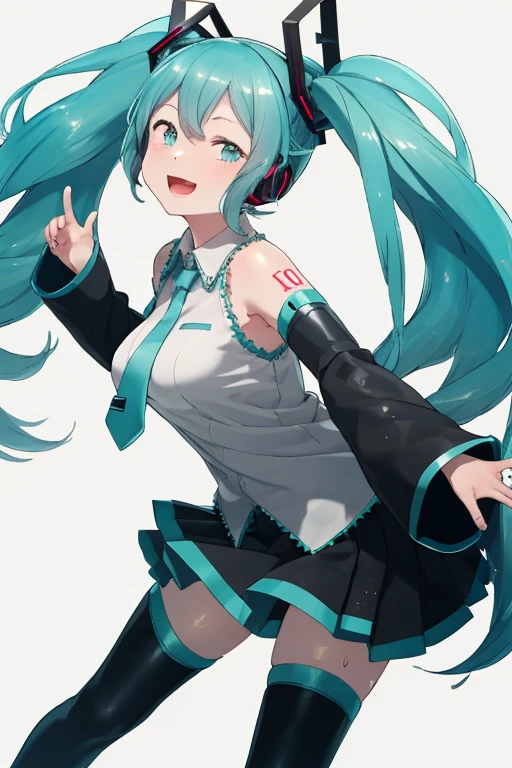 Hatsune Miku, happy, Smile, open mouth, Sing, Dance, best quality, High resolution. intricate details,top quality, Color difference, 1 girl, alone, Wet Skirt, Hatsune Miku, long hair, thigh, Double tail, Separate sleeves, tie, Thigh boots, boots, sleeveless, earphone, aqua eyes, pleated skirt, aqua hair, whole body, sleeveless Shirt, Simple background, Very long hair, White background, Black footwear, 黑色thigh, Hair accessories beautiful breasts、huge breasts:1.4