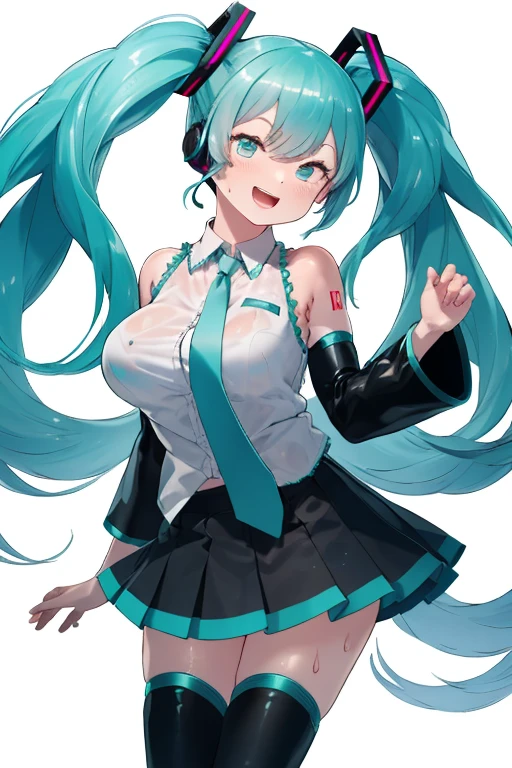 Hatsune Miku, happy, Smile, open mouth, Sing, Dance, best quality, High resolution. intricate details,top quality, Color difference, 1 girl, alone, Wet Skirt, Hatsune Miku, long hair, thigh, Double tail, Separate sleeves, tie, Thigh boots, boots, sleeveless, earphone, aqua eyes, pleated skirt, aqua hair, whole body, sleeveless Shirt, Simple background, Very long hair, White background, Black footwear, 黑色thigh, Hair accessories beautiful breasts、huge breasts:1.4