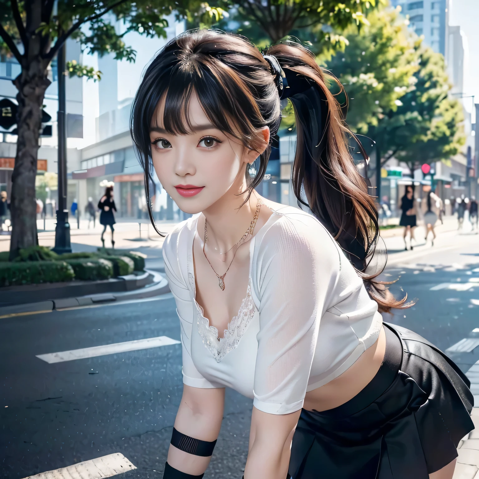 very low angle,from below),((masterpiece, highest resolution,best quality)), (beautiful photo realistic illustration), ((semi long beautiful black hair,blunt bangs,pony tail,beautiful eyes)),(solo),(beautiful elegant office blouse and black skirt),(looking at the viewer), (walking around the shopping mall), (innocent smile),(white over-kneehighs,Lace chalker, wristband, fingerless gloves, over-kneehighs, Lace chalker, diamond necklace,wristband, fingerless gloves, earrings), (cinematic lighting, very windy),shopping mall,big city,busy street,day,blue sky,flowers and trees,crowded,(from the ground),(beautiful elegant Underwear patterns),
