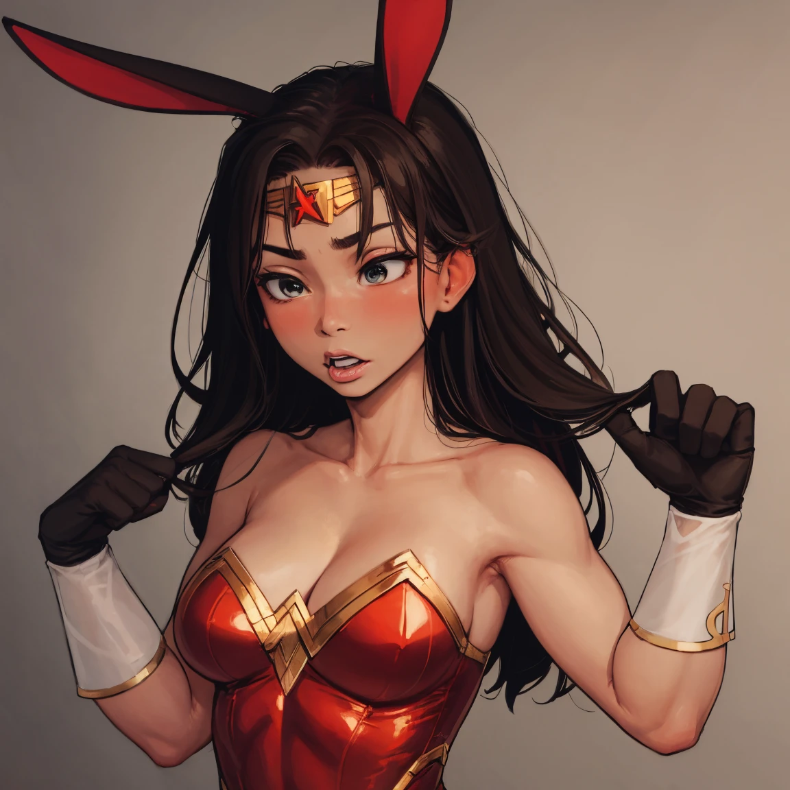 Wonder woman, bunny ears, sexy expression, toned arms, upper body portrait, strong arms, strong, no background, butch