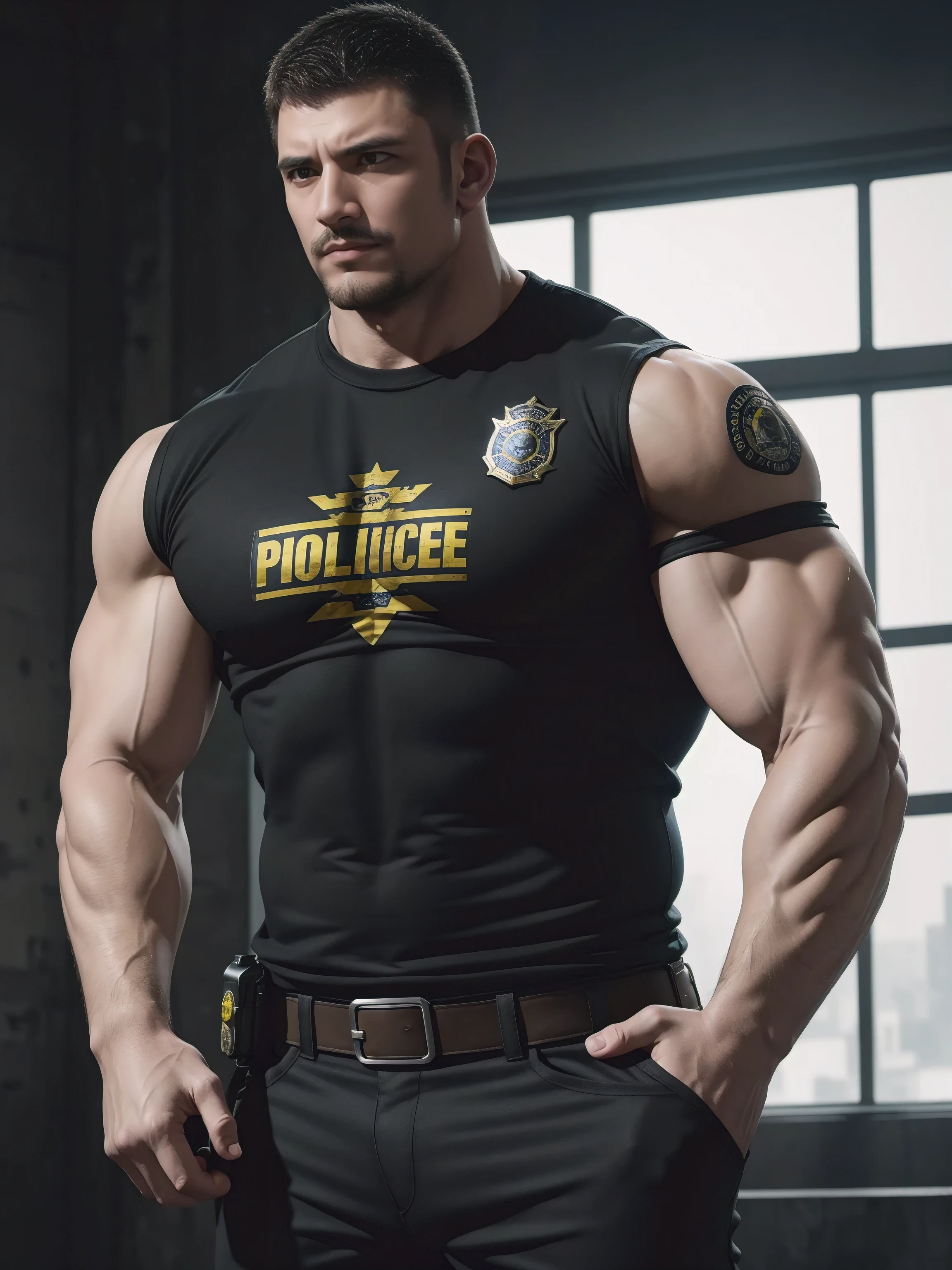 One Tall giant muscular police officer，he was angry，disheveled hair，There are scars on the face，Yellow and black police officer T-shirt，Very tight，Accentuate muscles，Police uniform pants，character concept（Resident Evil - chris redfield，chris redfield）proud expression，Deep and charming eyes，heroic male pose，tall burly，muscular！muscular thighs，tough guy，perfect facial features，High, burly, Heqiang， Super gain and cool， high resolution committee，Charming strong man，The bright sunshine shines on my face through the window