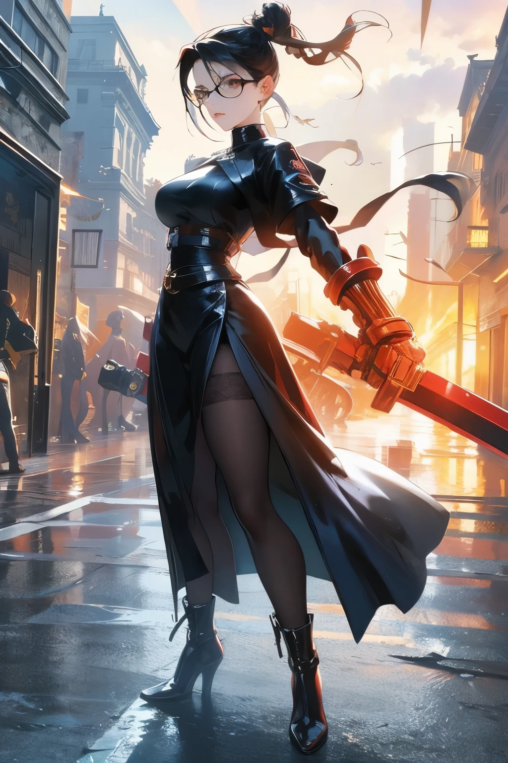 Wide angle shot, full body image, beautiful female street fighter, wearing large glasses, black undercut hair, wearing large steel knuckles