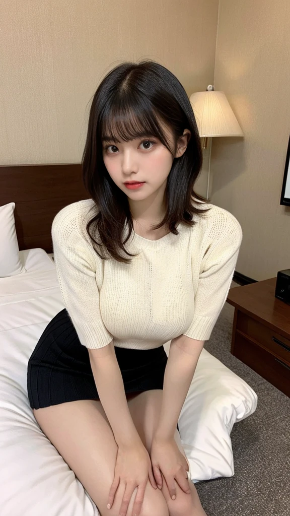 Masterpiece, highest quality, figure, Very detailed, Fine details, High resolution, 8k,wallpaper, Perfect dynamic composition,(Detailed high quality, Realistic depiction of eyes:1.3), (Collared knit shirt:1.1), Pleated skirt, Short Bob Hair、Black hair color, Big Natural Color Lip, Bold sexy pose, Crying a little、Cold Stare, Harajuku Style、Acrobatic pose, 20-year-old girl、Cute type、Lolita、Beautiful feet, Hotel Rooms, Idol Sculpture, Voluptuous thighs, Huge breasts