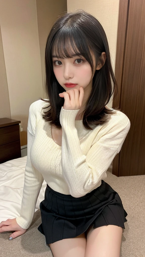 muste piece, best quality, illustration, Super detailed, fine details, High resolution, 8K,wall paper, perfect dynamic composition,(Details High quality, realistic depiction of eyes:1.3), Tight white see-through knitwear, pleated skirt、sitting with legs apart, big breasts, short bob hair、black hair color, Big Natural Color Lip, bold sexy pose, (perfect body shape), crying a little、cold gaze, Harajuku style、20 year old girl、cute type、ta、beautiful legs, hotel room, gravure idol