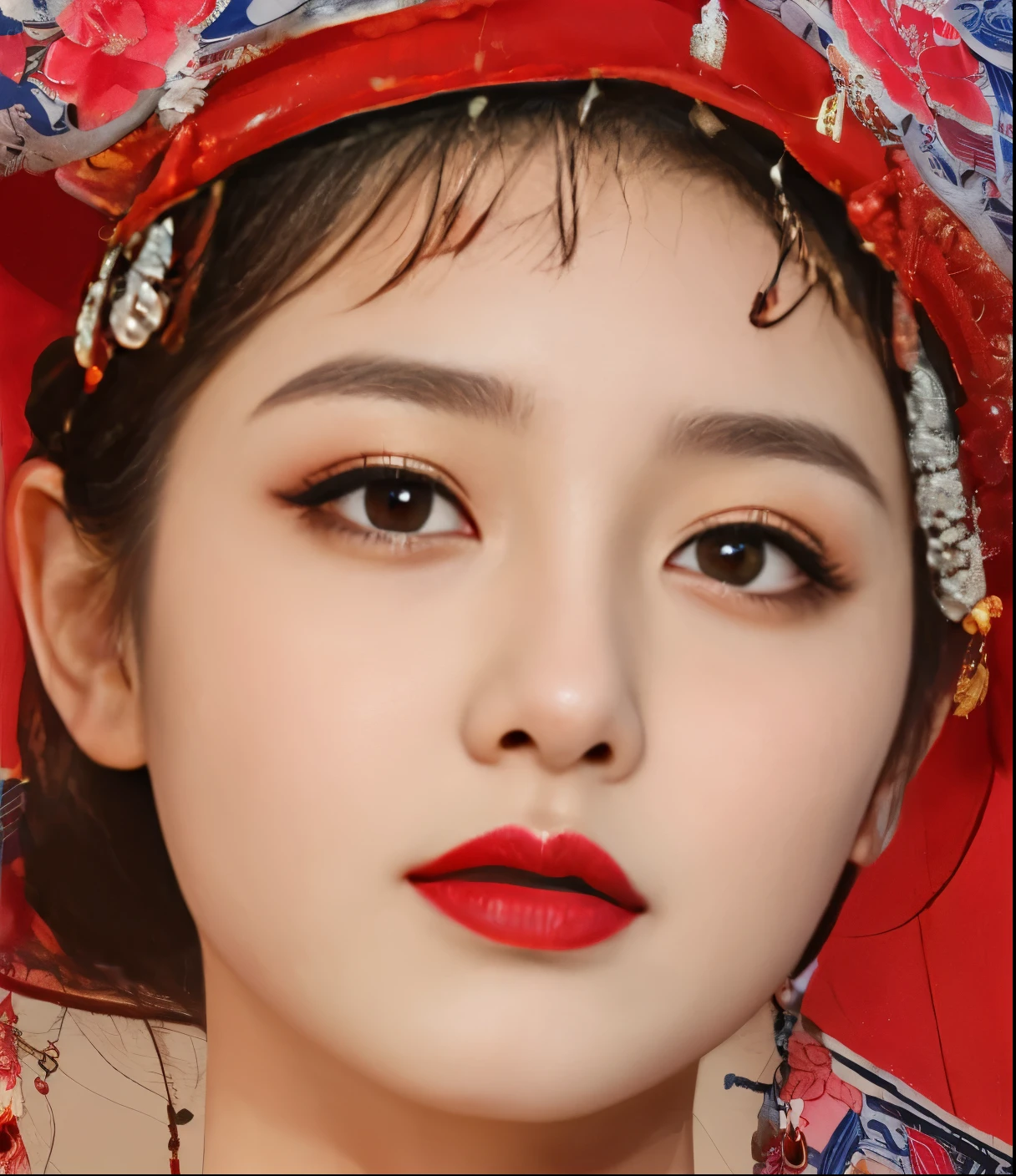 arafid (arafed) Asian woman wearing red hat and red scarf, Korean popular makeup, traditional Chinese, Sexy face with complete makeup, Korean popular makeup, red lipstick on face, traditional makeup, Chinese style, Inspired by Huang Ji, red contact lenses, Inspired by gold farmers, Clear lips and high quality, big golden eyes and red lips
