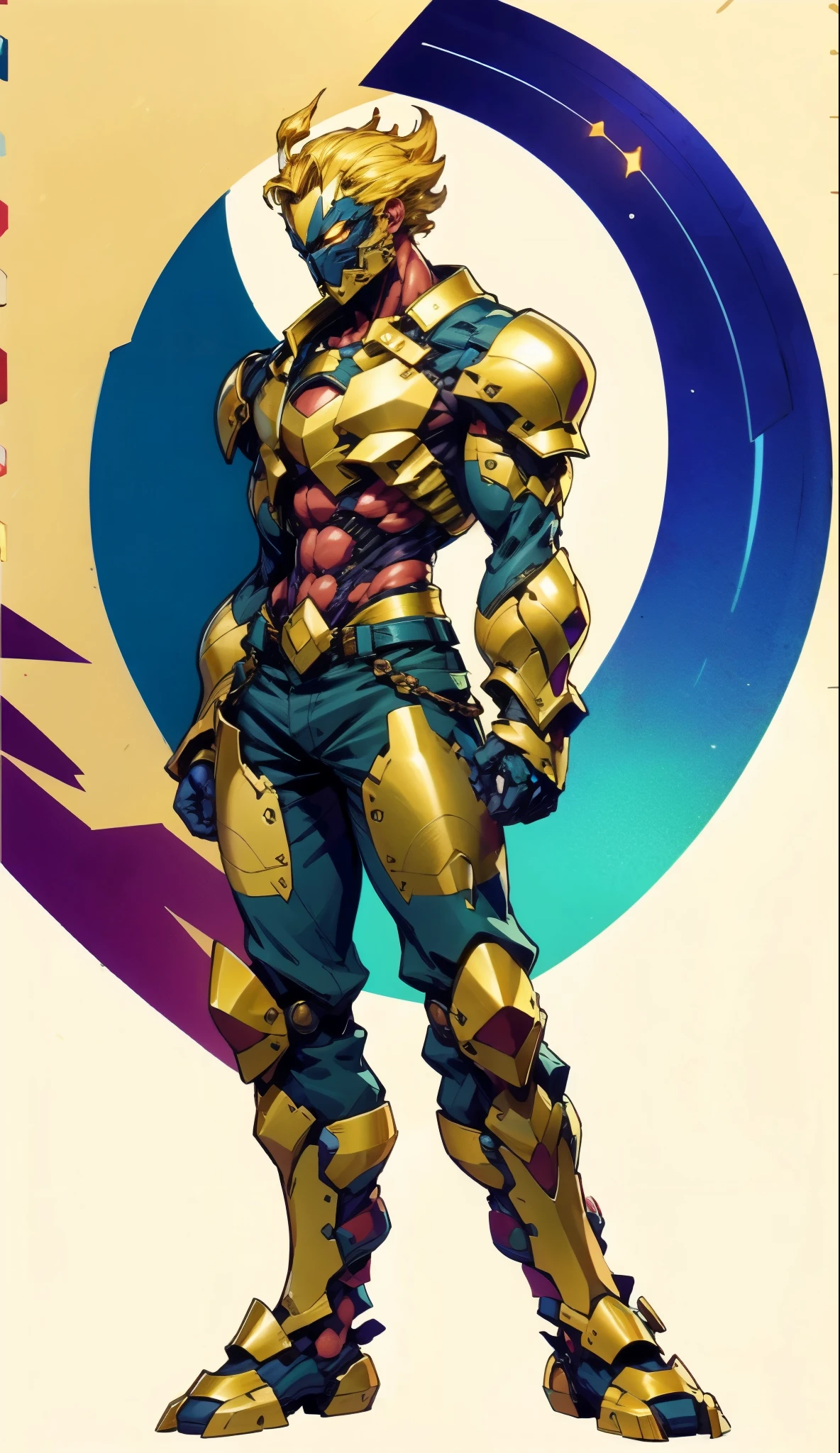 A man with short golden hair slicked back, his face entirely obscured by a Dynastinae concept mask, full mask, cold gaze, clad in an indigo blue fantasy-style Dynastinae concept chest plate, his arms and legs are clad in matching armor, he wears a white undershirt and trousers with golden stripes, standing within a magnificent fantasy-style palace, this character embodies a finely crafted fantasy-style masked light armor warrior in anime style, exquisite and mature manga art style, bio mecha, muscle tissue, high definition, best quality, highres, ultra-detailed, ultra-fine painting, extremely delicate, professional, perfect body proportions, golden ratio, anatomically correct, symmetrical face, extremely detailed eyes and face, high quality eyes, creativity, RAW photo, UHD, 32k, Natural light, cinematic lighting, masterpiece-anatomy-perfect, masterpiece:1.5