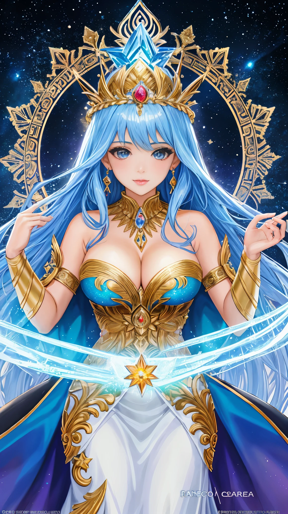 Imagen arafed de una mujer con un vestido dorado sosteniendo un cristal., hermoso mago celestial, celestial diosa, diosa. detalle extremadamente alto, sacerdotisa elfa, diosa de la luz, fantasy art behavior, diosa of time, Retrato de la Reina de la Luz, tiro de diosa extremadamente detallado, Maga de la Tierra, Hyper-detailed fantasy character, artgerm julie campana escarabajo