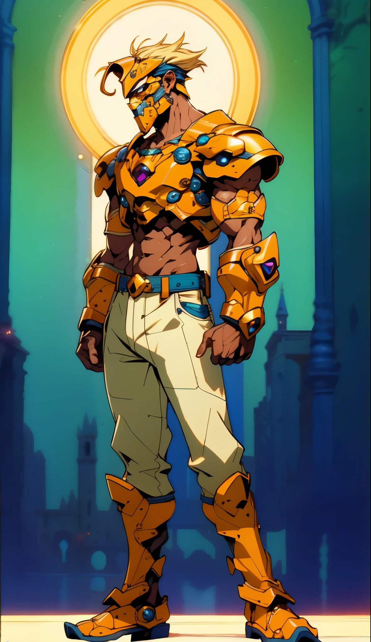 A man with short golden hair slicked back, his face entirely obscured by a Dynastinae concept mask, full mask, cold gaze, clad in an indigo blue fantasy-style Dynastinae concept chest plate, his arms and legs are clad in matching armor, he wears a white undershirt and trousers with golden stripes, standing within a magnificent fantasy-style palace, this character embodies a finely crafted fantasy-style masked light armor warrior in anime style, exquisite and mature manga art style, high definition, best quality, highres, ultra-detailed, ultra-fine painting, extremely delicate, professional, perfect body proportions, golden ratio, anatomically correct, symmetrical face, extremely detailed eyes and face, high quality eyes, creativity, RAW photo, UHD, 32k, Natural light, cinematic lighting, masterpiece-anatomy-perfect, masterpiece:1.5