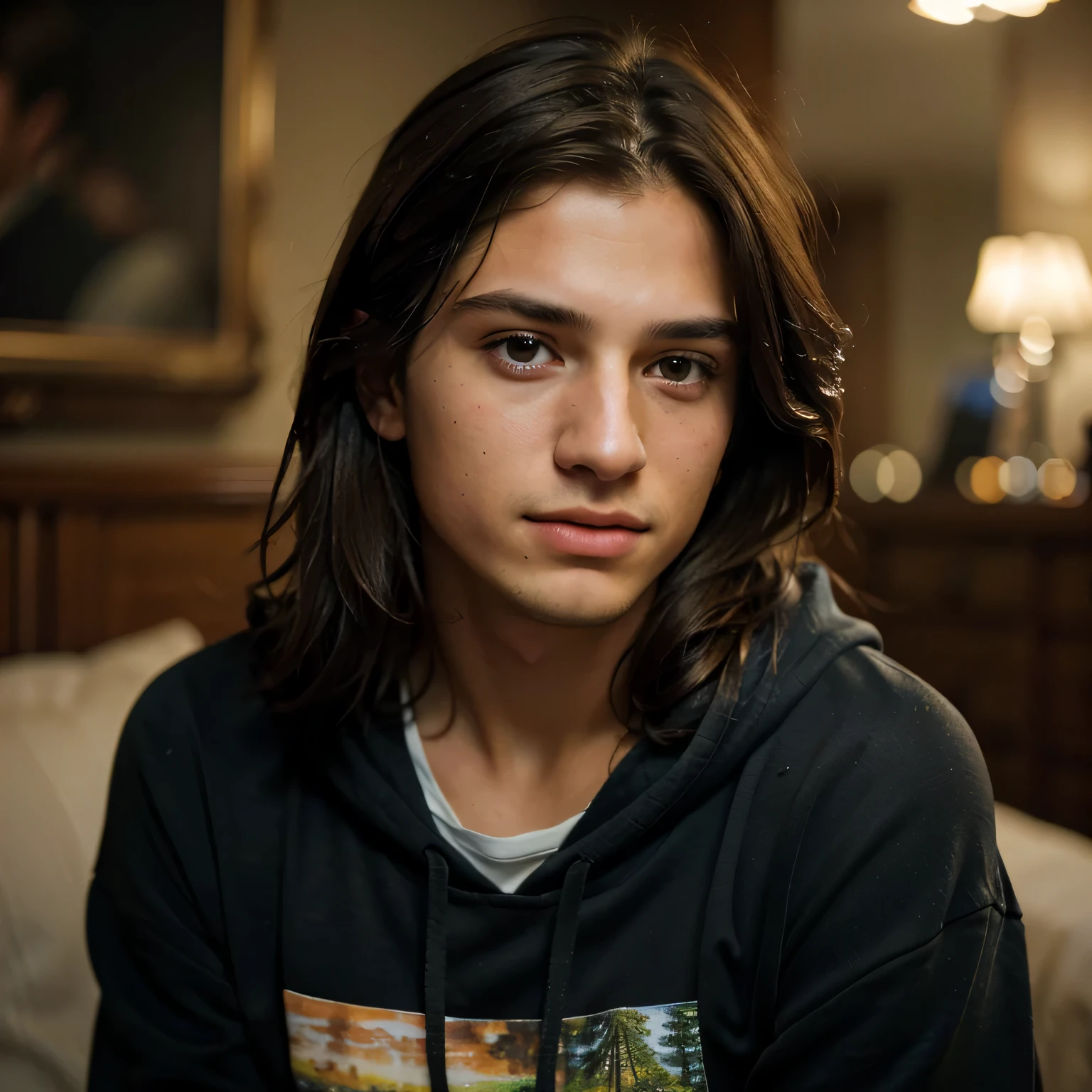 (8k, RAW photo, best quality, masterpiece:1.2), (realistic, photo-realistic:1.37), ultra-detailed, masterpiece HDR high quality Picture a young boy, 17 years old, handsome man, long black messy hair to his shoulder, sharp eyes, blue hoodie, working on big screen, expressing a sense of perplexity and curiosity, with a touch of humor, creating a warm and relaxed atmosphere, captured in high resolution (best quality, 4k), with ultra-detailed features, realistic colors, and a touch of bokeh, reminiscent of a candid snapshot.