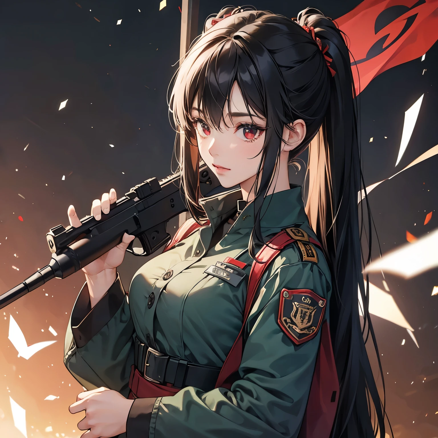 A young red-eyed, black-haired anime girl wearing a military uniform holding a rifle in the middle of a concentration camp on her right shoulder symbol