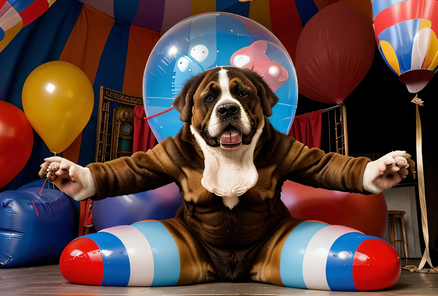 Un extra terrestre assis sur un saint Bernard,an elephant suspended in a balloon near the Eiffel Tower and a clown who sells dreams.