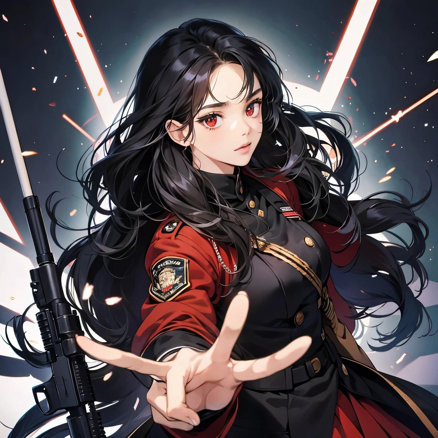A young red-eyed, black-haired anime girl wearing a military uniform holding a rifle in the middle of a concentration camp on her right shoulder symbol