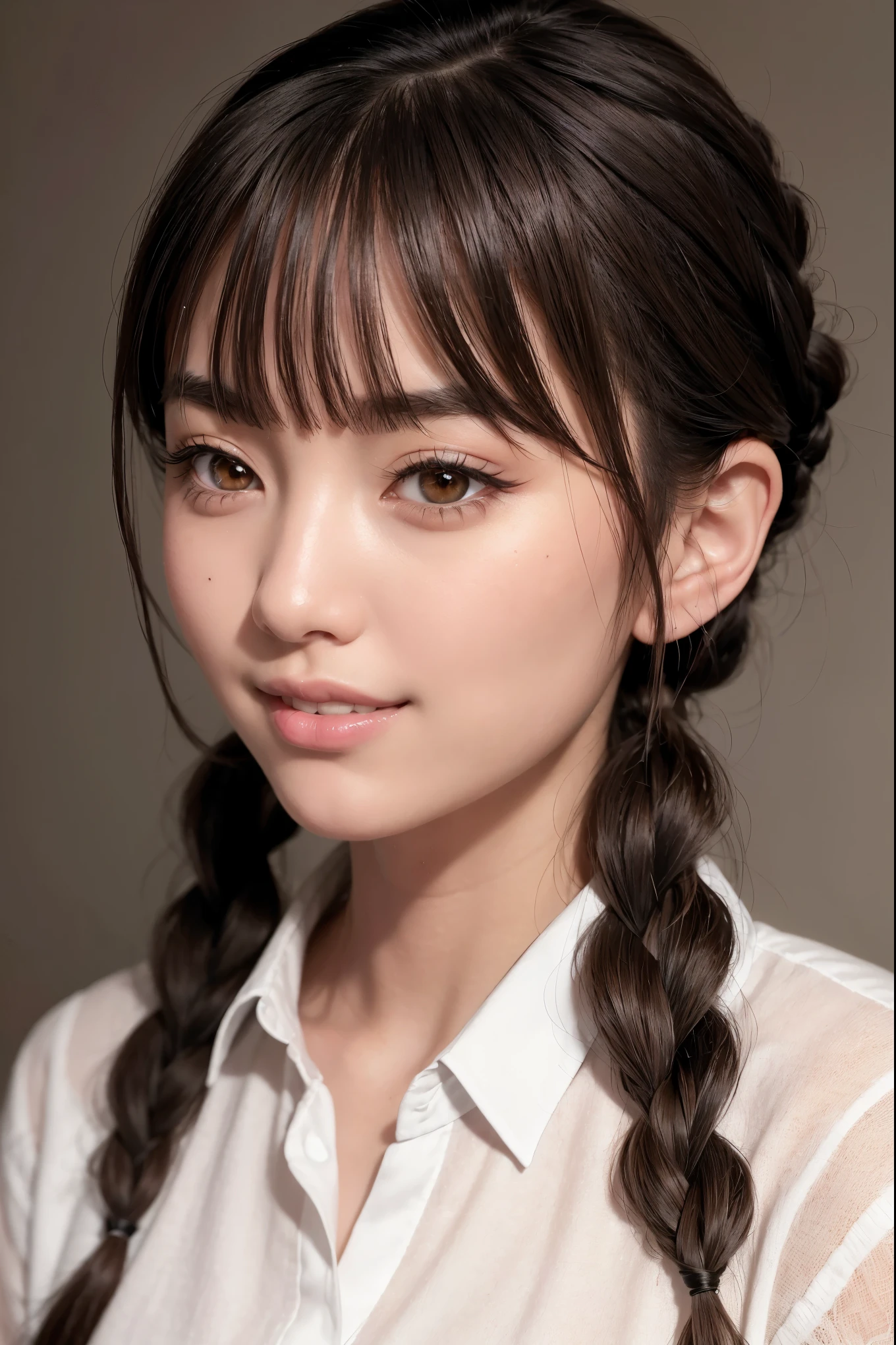 realistic, masterpiece, highest quality, highest resolution, one japanese woman, happy smile, detailed and beautiful eyes, black eye, thin eyebrows, Gives your eyelashes a delicate finish, false eyelashes, natural makeup, (braid hair, dull bangs, brown hair:1.2), detailed face, She is looking slightly to the side, but、Always watching the audience, A simple white button-down shirt, upper body photo, Portrait background