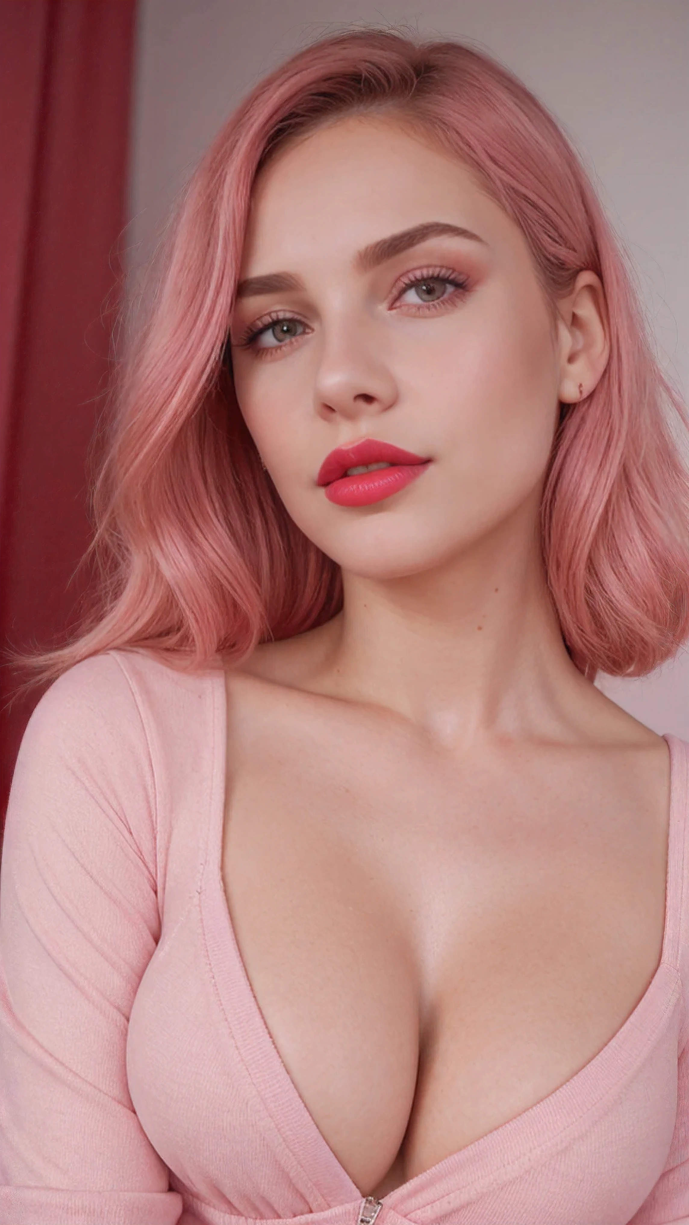 (La mejor calidad,realista:1),sexy, feliz, chaqueta color rojo, Ojos y labios detallados, pink dress, small breast, shy, blushing, shiny skinn, pastel skin, skin detailing, eye detailing, red lipstick, big detailed lips,