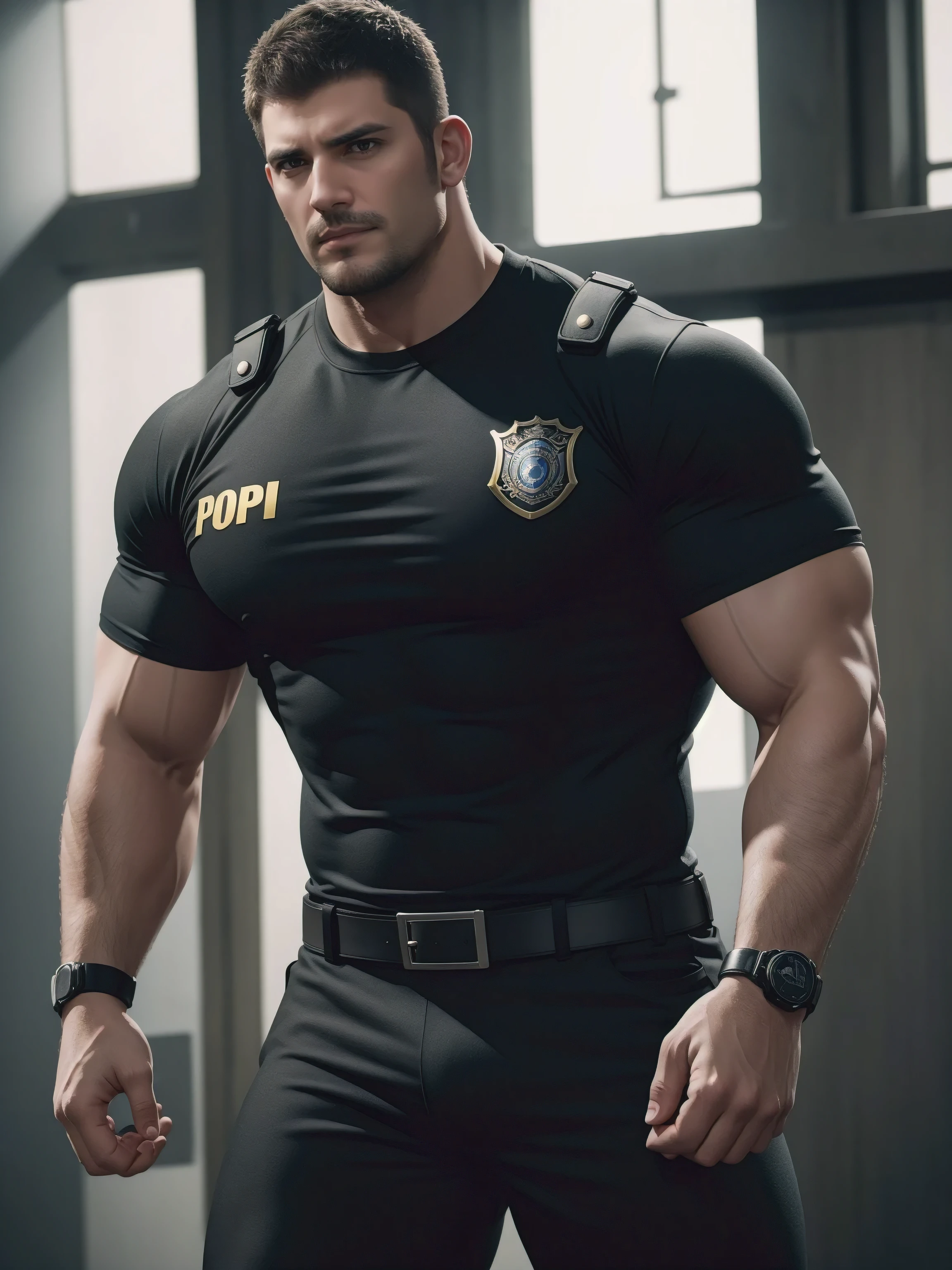 One Tall giant muscular police officer, he was angry, disheveled hair, thick thighs, Yellow and black police officer T-shirt, Very tight, Accentuate muscles, tight yoga pants, character concept(Resident Evil - chris redfield, chris redfield)proud expression, Deep and charming eyes, heroic male pose, tall burly, muscular!muscular thighs, tough guy, perfect facial features, High, burly, Heqiang, Super gain and cool, high resolution committee, Charming strong man, The bright sunshine shines on my face through the window