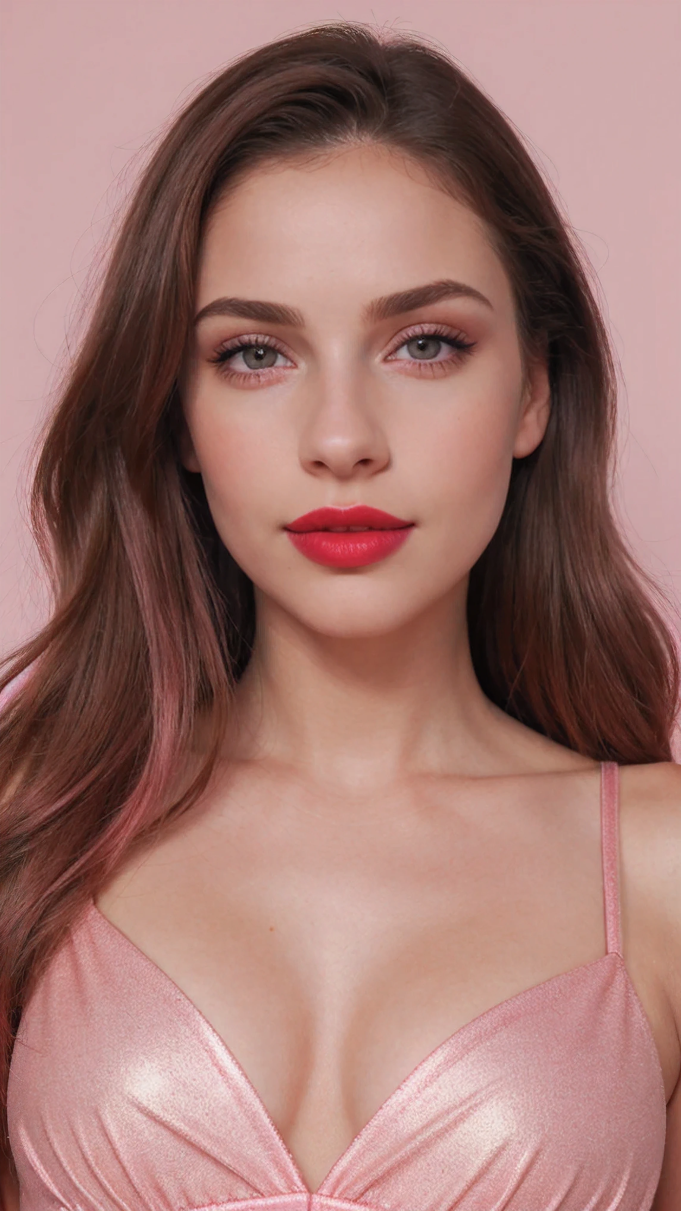 (La mejor calidad,realista:1),sexy, feliz, chaqueta color rojo, Ojos y labios detallados, pink dress, small breast, shy, blushing, shiny skinn, pastel skin, skin detailing, eye detailing, red lipstick, big detailed lips,