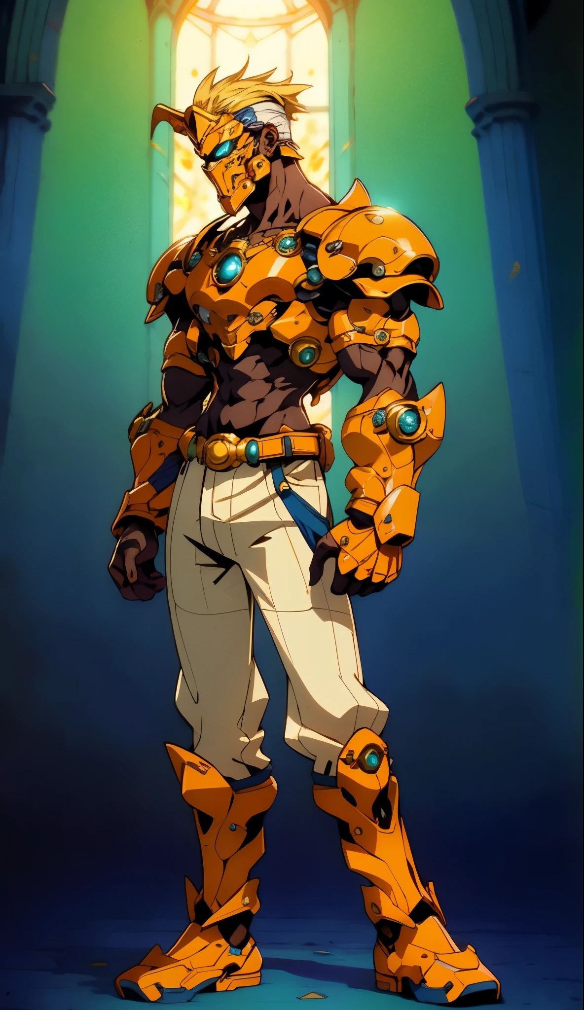 A man with short golden hair slicked back, his face entirely obscured by a Dynastinae concept mask, full mask, cold gaze, clad in an indigo blue fantasy-style Dynastinae concept chest plate, his arms and legs are clad in matching armor, he wears a white undershirt and trousers with golden stripes, standing within a magnificent fantasy-style palace, this character embodies a finely crafted fantasy-style masked light armor warrior in anime style, exquisite and mature manga art style, high definition, best quality, highres, ultra-detailed, ultra-fine painting, extremely delicate, professional, perfect body proportions, golden ratio, anatomically correct, symmetrical face, extremely detailed eyes and face, high quality eyes, creativity, RAW photo, UHD, 32k, Natural light, cinematic lighting, masterpiece-anatomy-perfect, masterpiece:1.5