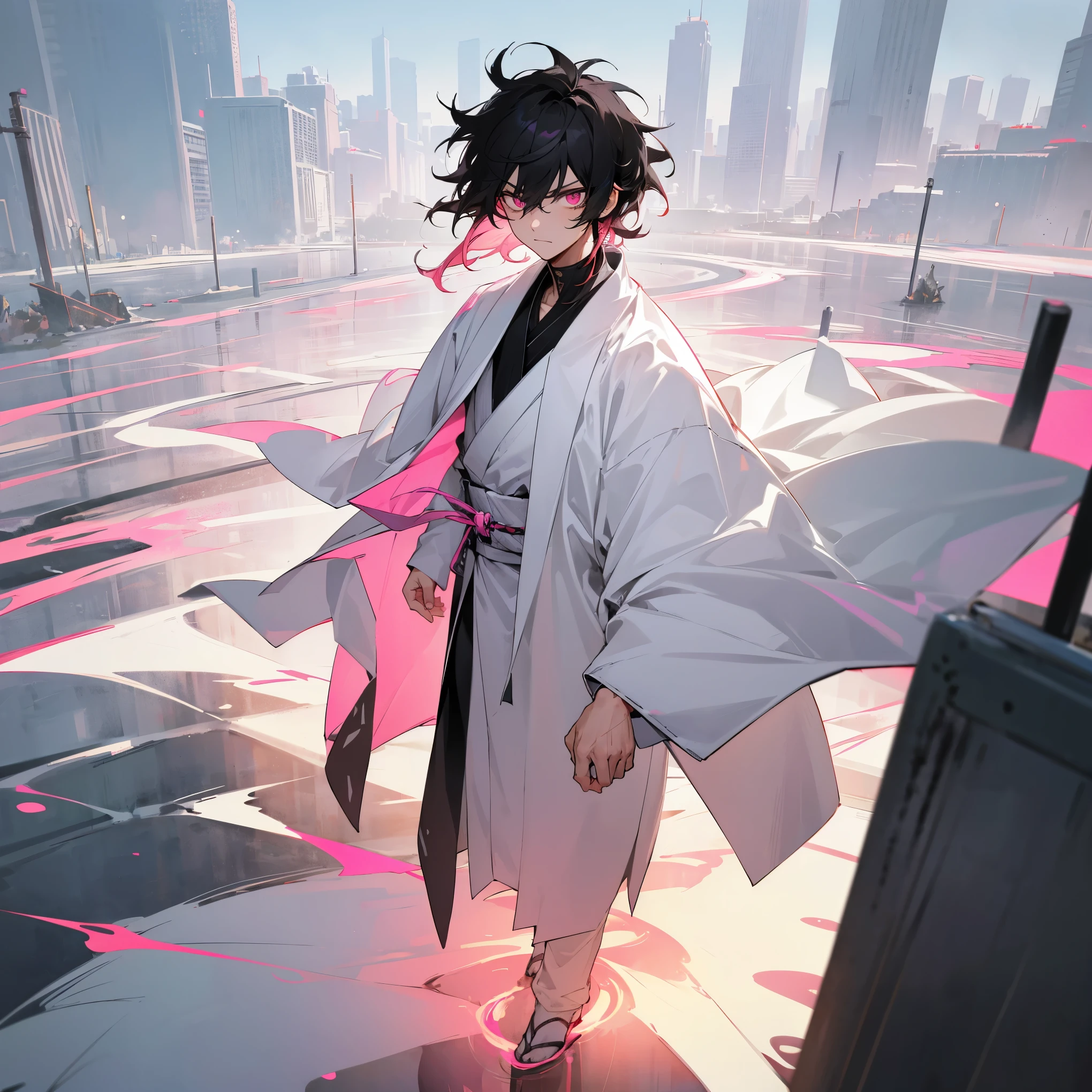 1male , Messy Hair, Black Hair , Pink Eyes , Serious Expression , Black Yukata , White Overcoat , White Haori ,Standing on path , Modern City Background , Sunny Day