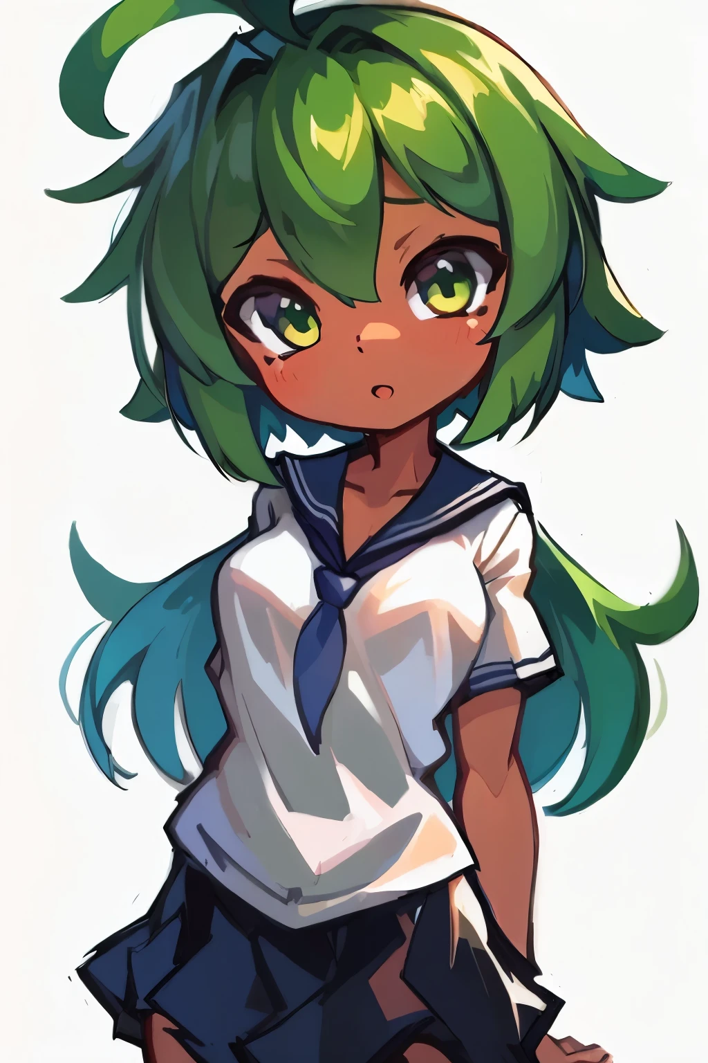 (tanned girl green hair:1.2), (solo:1.2), (pixiv masterpiece:1.2), (white background:1.0), (ahoge:1.3), (school uniform black leggings:1.0)