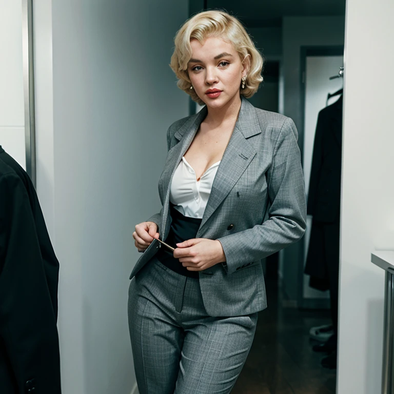 Marilyn Monroe dressed in a blazer and dress pants