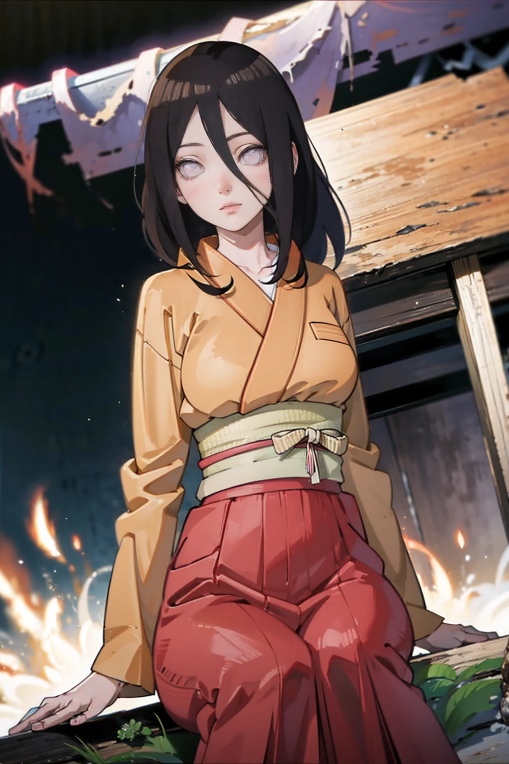 tmasterpiece, hoang lap , (Complicated details), (rich colourful), movie lighting, bust, the Extremely Detailed CG Unity 8K Wallpapers , Hinata flower ratio, 1girll, solo, orange kimono, Red hakama skirt, obi strip, Wide sleeves, looking at viewert, ventania, Combat posture, Low hair tied long,dinamic poses, lilac eyes, sitting oh the floor