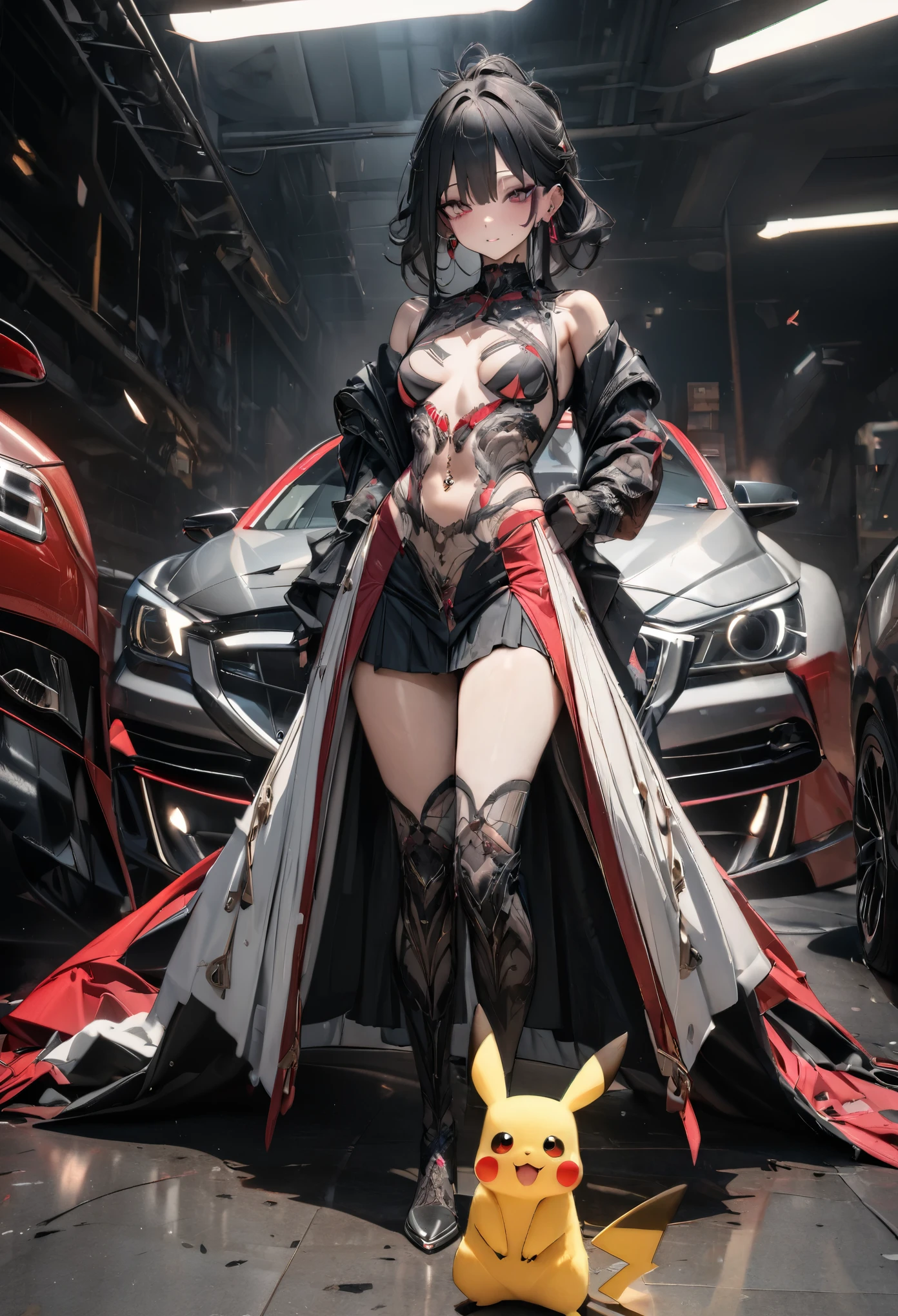 (masterpiece, best quality:1.2), (absurdres, highres, ultra-detailed), (perfect anatomy), The mitsubishi lancer car has become a human girl,
ear piercing,
navel piercing,
(makeup:1.1),machine cloth,
full body shot,best quality, you are a design professional,Two or more illustrations must be generated.,Believe in your own growth and go beyond your limits to quickly draw cool masterpiece illustrations,with pikachu,rating: general, newest ,(8k, RAW photo:1.2), detailed face and eyes,intricate detail ,masterpiece ,sharp focus, high quality,BREAK