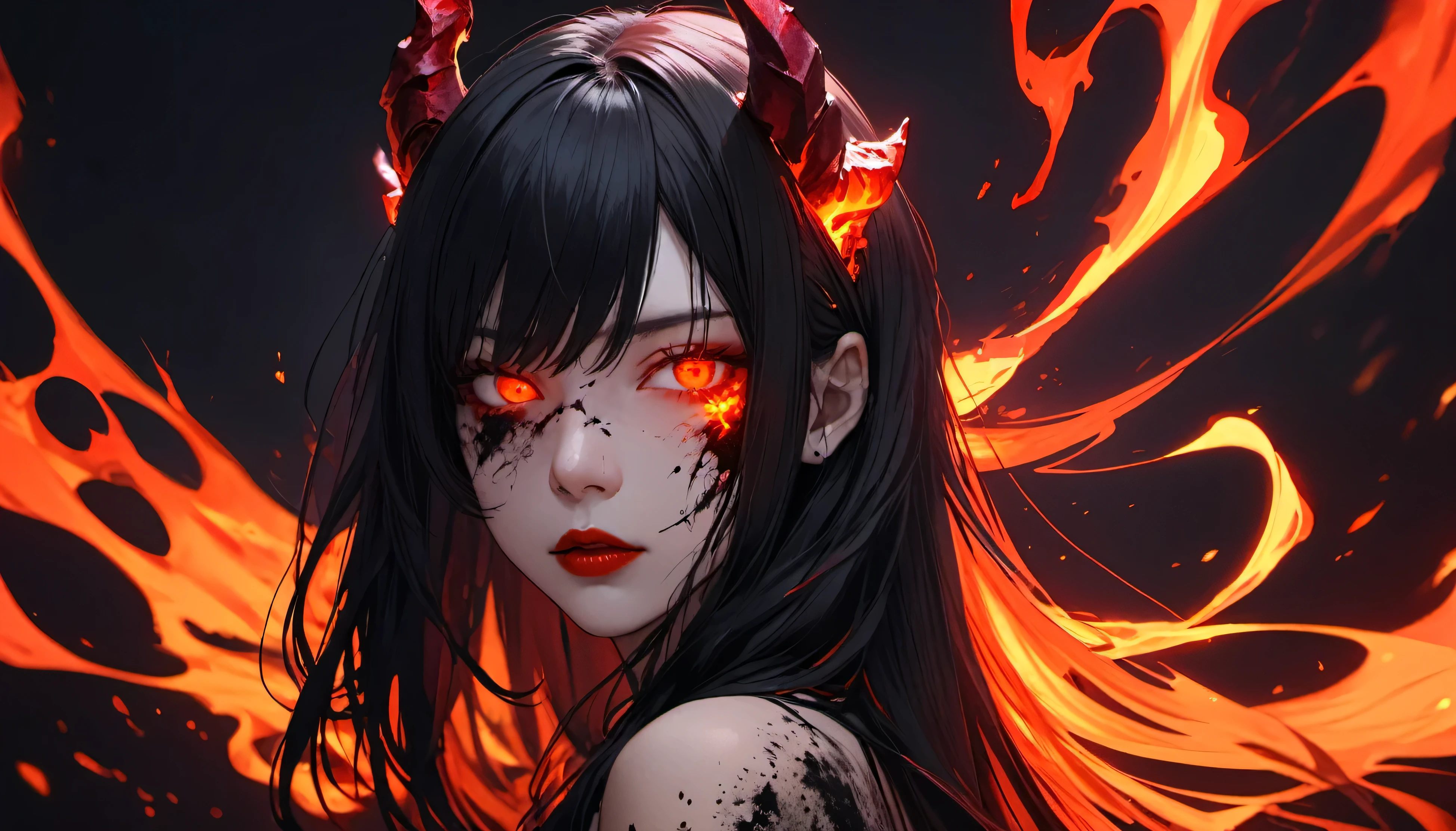 dark portrait of a face of a demon girl, (profile), flowing hair, black hair, demon horns, red lips, looking at viewer, slit pupils, red eyes, detailed iris, detailed eyes, ((glowing eyes)), burn injury glowing red on her face, flaming eye, made of ([red and black]) colors,highly detailed, 8k, sharp, professional, clear, high contrast, high saturated, , vivid deep blacks, crystal clear, (focus eyes:, (glowing flying ember on the background), simple background, blurry background, masterpiece, best quality