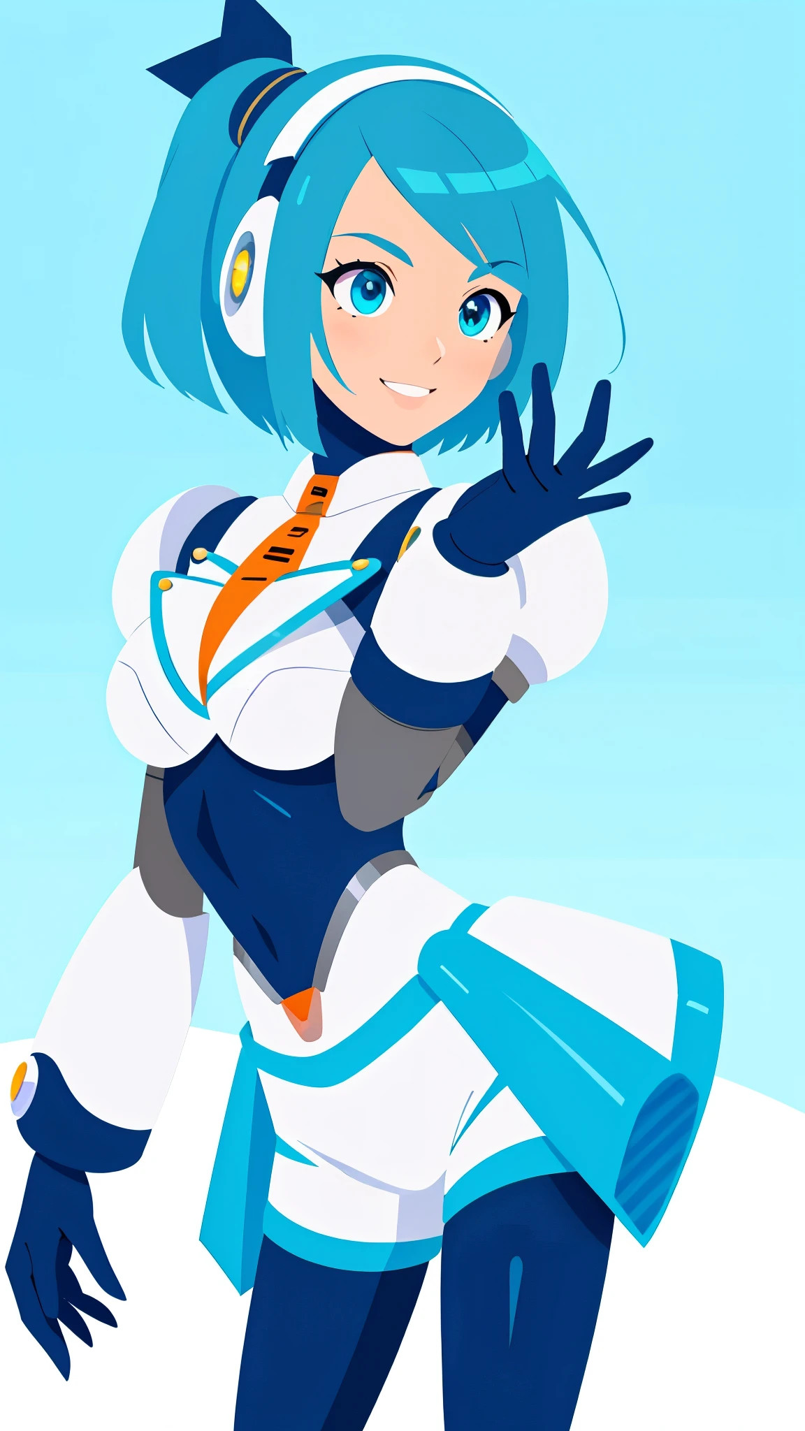 (1girl,solo),(rico_megamanxdive),blue eyes, blue hair, bodysuit, android, smile,side tail, short hair,headphones,white crop tops,white shorts,V pose,ultra-detailed,sharp focus,aesthetic,(best quality)