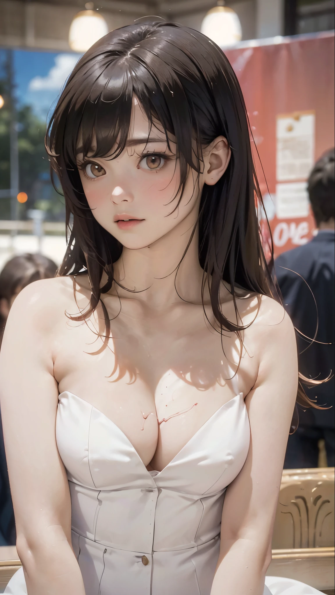 (1girl:1.3), (photorealistic:1.4), (masterpiece, top quality, best quality, official art), extreme detailed, highest detailed, (ultra-detailed), ((an extremely delicate and beautiful)), cinematic light, contemporary, silky long hair, she sexy pose at the station, in the evening, Optimal,masterpiece,High resolution,highest quality,cute face、long hair、hair line,long eyelashes,drooping corners of the eyes,white skin、rocket , ((medium breasts)), (((blush))), (((slim waist))), (((cleavage))), (((sleeveless))), (((armpit))), (((underboob))), (((nudist))), (((bend forwards)))