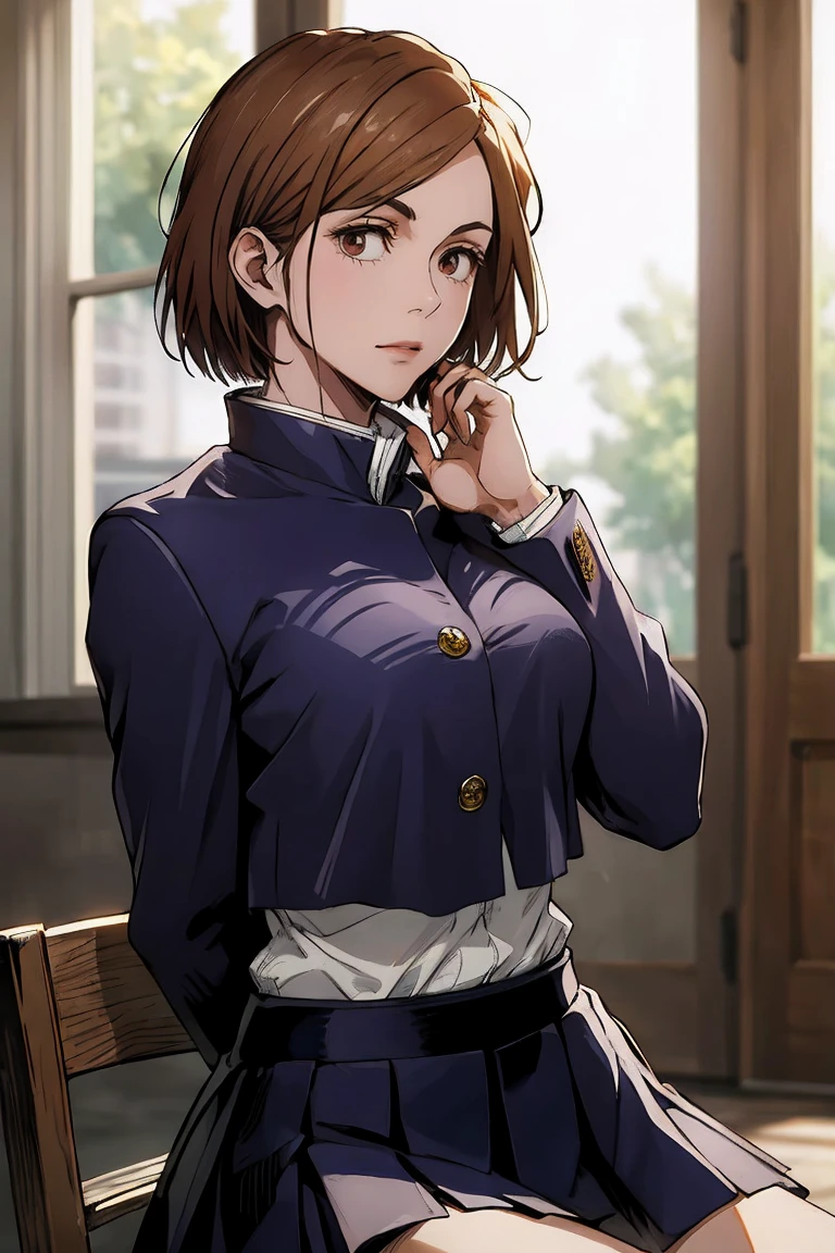 1girl, cowboy shot, beautiful Nobara, school_uniform, bangs, jacket,, volumetric lighting, best quality, masterpiece, intricate details, tonemapping, sharp focus, hyper detailed, trending on Art Station, 4k, upper body, backwards, looking back