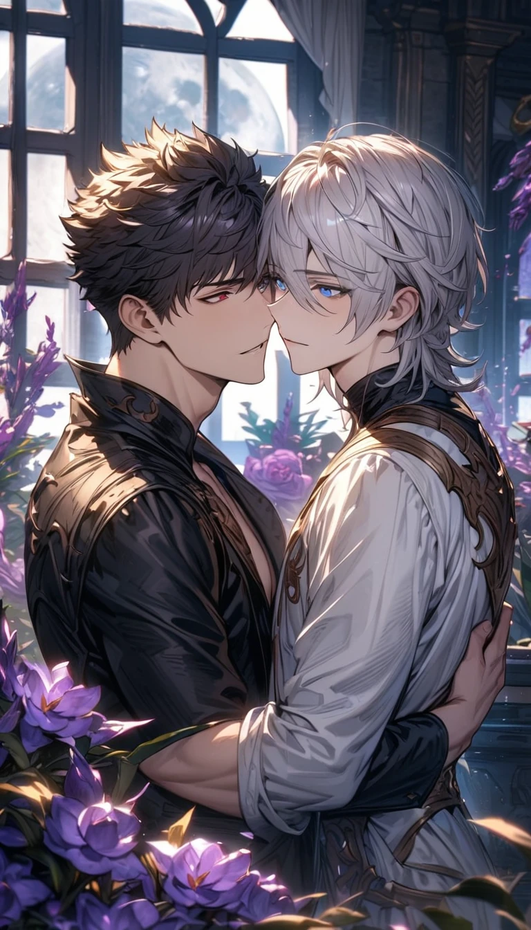 absurdres, highres, ultra detailed, HDR), masterpiece, Lucilius, white hair with bangs, white tunic, expressive blue eyes, Belial, black short hair, hair between the eyes, expressive red eyes, black clothes, 2men together, gay couple, handsome, granblue fantasy, purple flowers, purple petals, moon, window