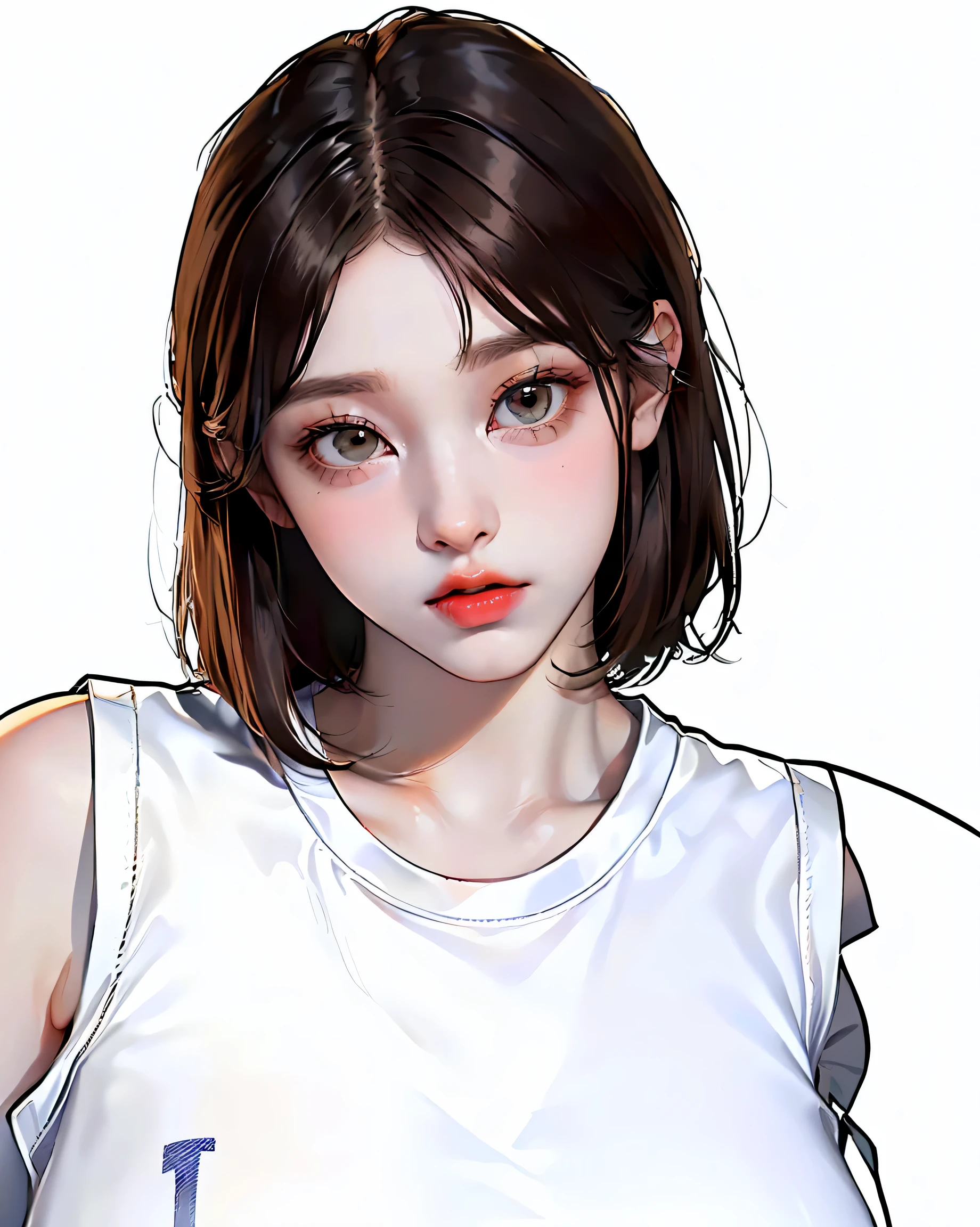 highest quality, realistic, 8K, High resolution, 1 girl, woman, (skin dents), (portrait: 0.6), nice, (white background: 1.82)), ((big size round breasts, Sleeveless white T-shirt: 1.75)), look straight viewer: 1.8, (1 girl Eyes, medium length hair, brown hair, parted bangs : 1.65), realistic, (Bokeh), (closed your mouth: 1.46), nice,