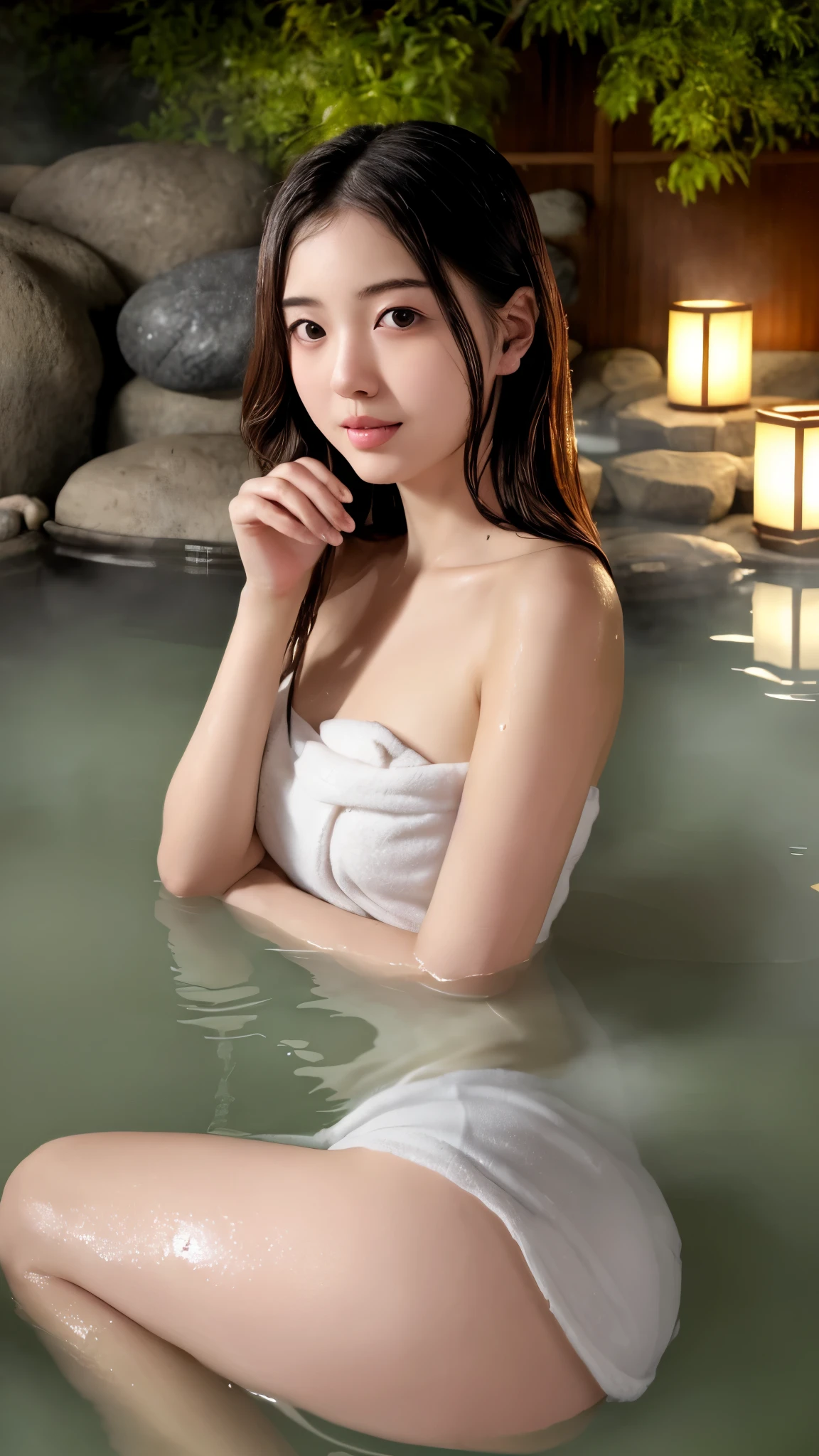 最high quality、high quality、best image quality、8K、最High resolution、High resolution、最high quality、masterpiece、Realistic human body in every detail、Realistic skin in every detail、Realistic face in every detail、Realistic eyes down to the details、Realistic lips in every detail、Realistic teeth in every detail、Realistic ears down to the last detail、Realistic hair down to the last detail、Realistic arms down to the last detail、Realistic reproduction of every detail、Realistic fingers in every detail、(fine hands、thumb1reference4)、Realistic feet in every detail、((beautiful japanese girl))、(japanese model), (japanese woman)、((18 year old beautiful girl))、(black hair)、(random hairstyle)、((whole body))、((beautiful upturned chest))、(slim style、slender style)、(whole body光沢肌、Fair skin)、((A small white towel is wrapped around the body..))、((Thin towel(Her skin is visible through the wet towel))、(soft natural light)、((in the deep forest(Natural hot springs gush out))、((Hot springs surrounded by rocks))、((deep bathtub(deep hot spring))、((Onsen Girls))、((Enter the hot spring))、((A woman warms her body by soaking in a warm hot spring))、((Soak in a hot spring(Lie))、((腰までSoak in a hot spring))、((in hot spring water、Sit with your butt down))、((A large amount of steam is rising from the water in the bathtub..))、((Hot springs filled with thick steam))、((A lot of steam rises from the hot spring..))