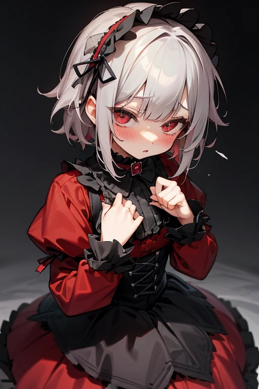 short gray hair, blush, Gothic ta、punk fashion、Headbang 2.、Red clothes、