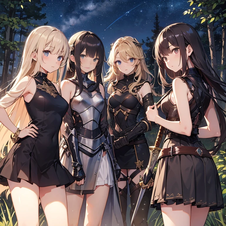 A group of young female knight, (in forest), various hair styles, harem, wearing armored clothes, metal armor, night, details face, , short skirt, seducing, sword, sleeveless , showing armpits, midriff, night, starry night 