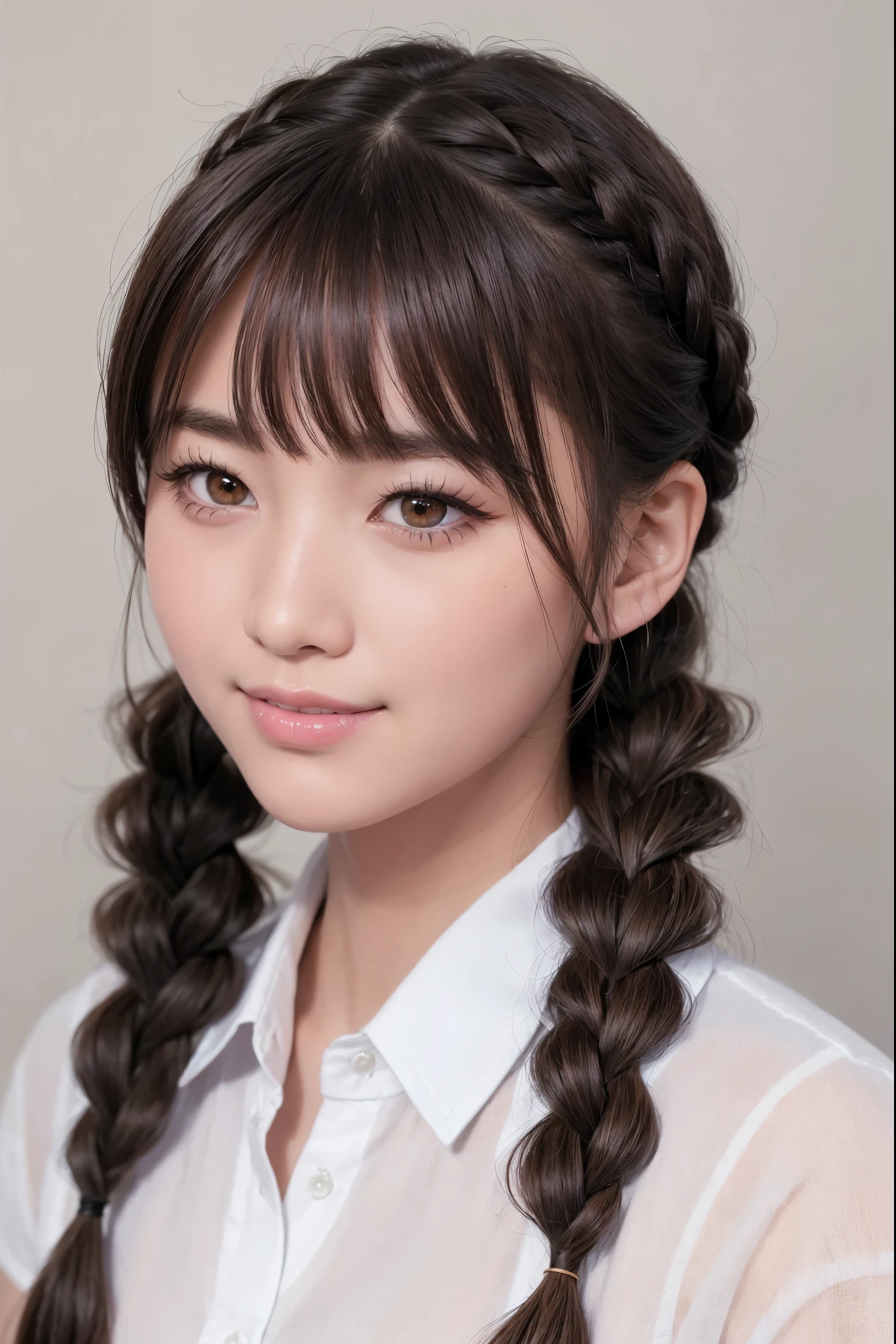 realistic, masterpiece, highest quality, highest resolution, one japanese woman, happy smile, detailed and beautiful eyes, black eye, thin eyebrows, Gives your eyelashes a delicate finish, false eyelashes, natural makeup, (braid hair, dull bangs, brown hair:1.2), detailed face, He is looking a little to the side, but、Always watching the audience, A simple white button-down shirt, upper body photo, Portrait background