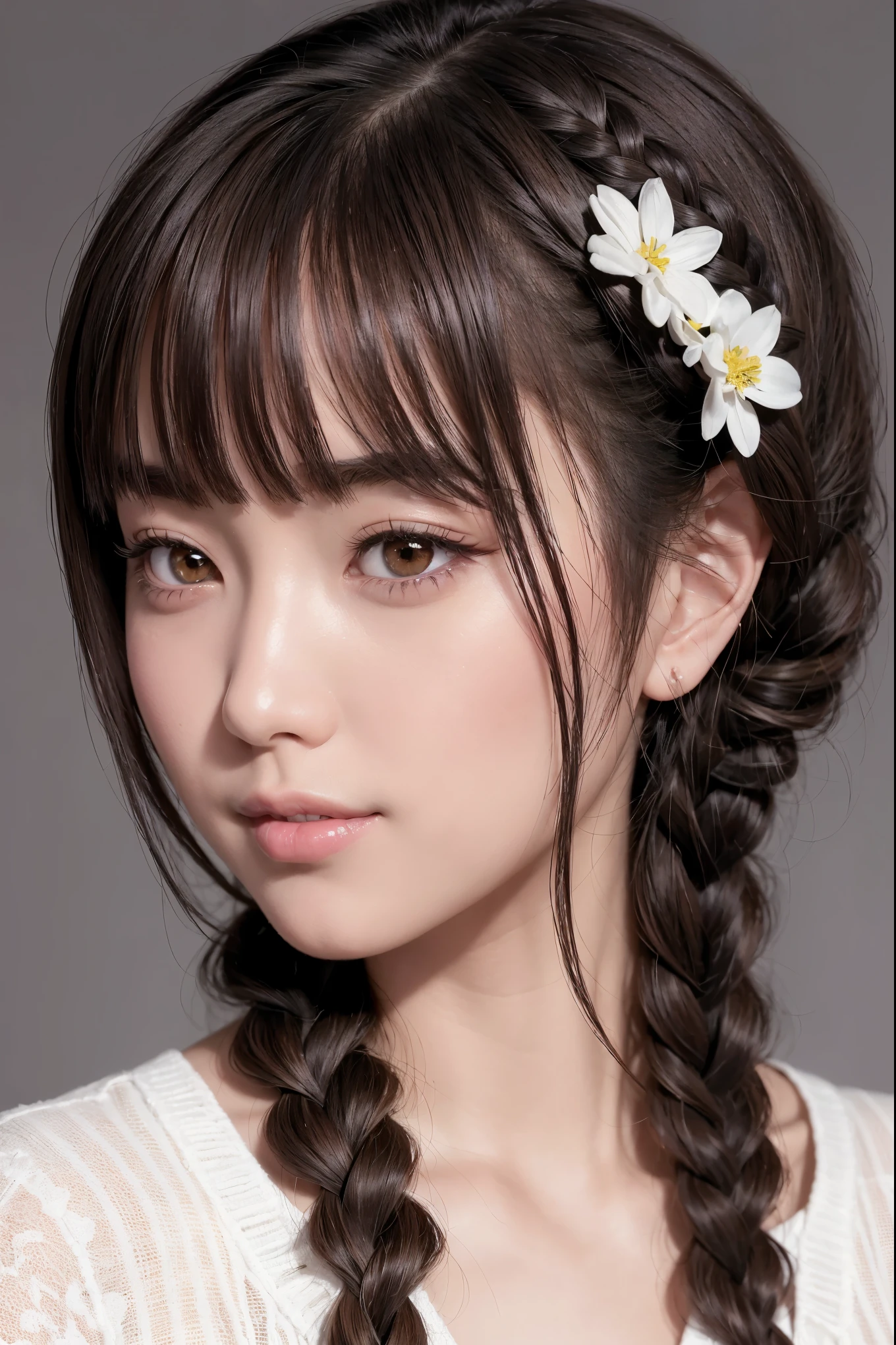(masutepiece, Best Quality:1.4), Beautiful face, 8K, 85 mm, absurderes, (floral pattern yukata:1.4), close up of face, violaceaess, gardeniass, Delicate girl, Solo, Night, Looking at Viewer, Upper body, Film grain, chromatic abberation, Sharp Focus, face lights, Professional Lighting, Sophisticated, (Smile:0.4), cleavage, (Simple background, Bokeh background:1.2), Detail Face
