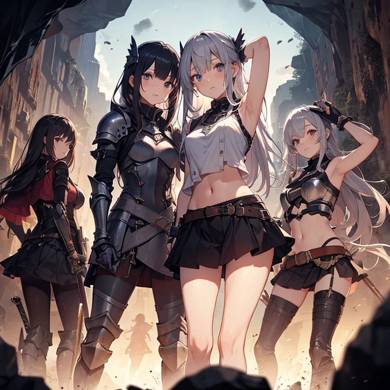 Four female knights(10 year old blonde、18 years old red hair、28 years old, black hair、42 years old, silver hair)、Broken Armor、underwear、Surrounded by enemy soldiers、Glare、Angry expression、pubic hair、Wrist restrained、Pee on yourself