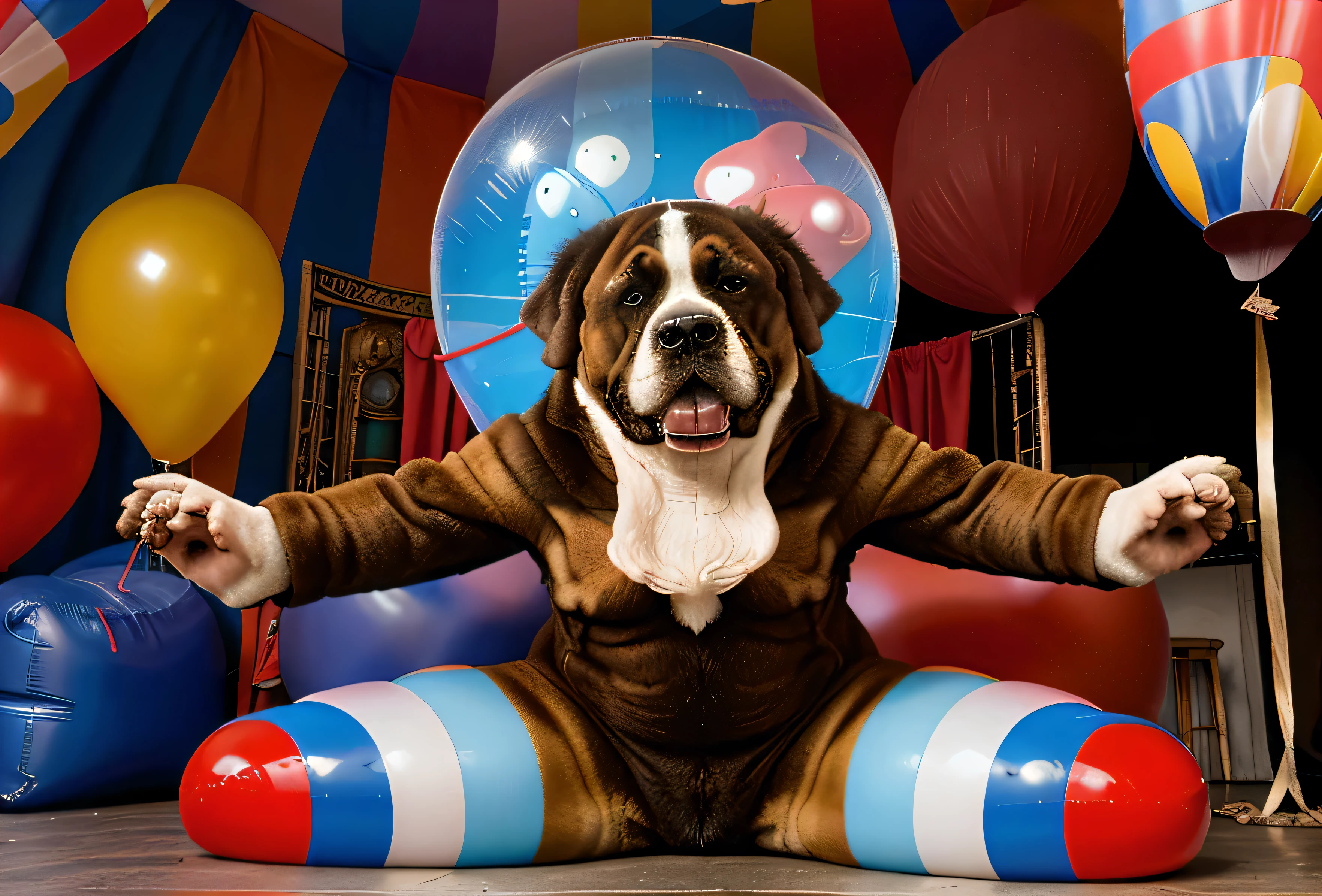 Un extra terrestre assis sur un saint Bernard,an elephant suspended in a balloon near the Eiffel Tower and a clown who sells dreams. 