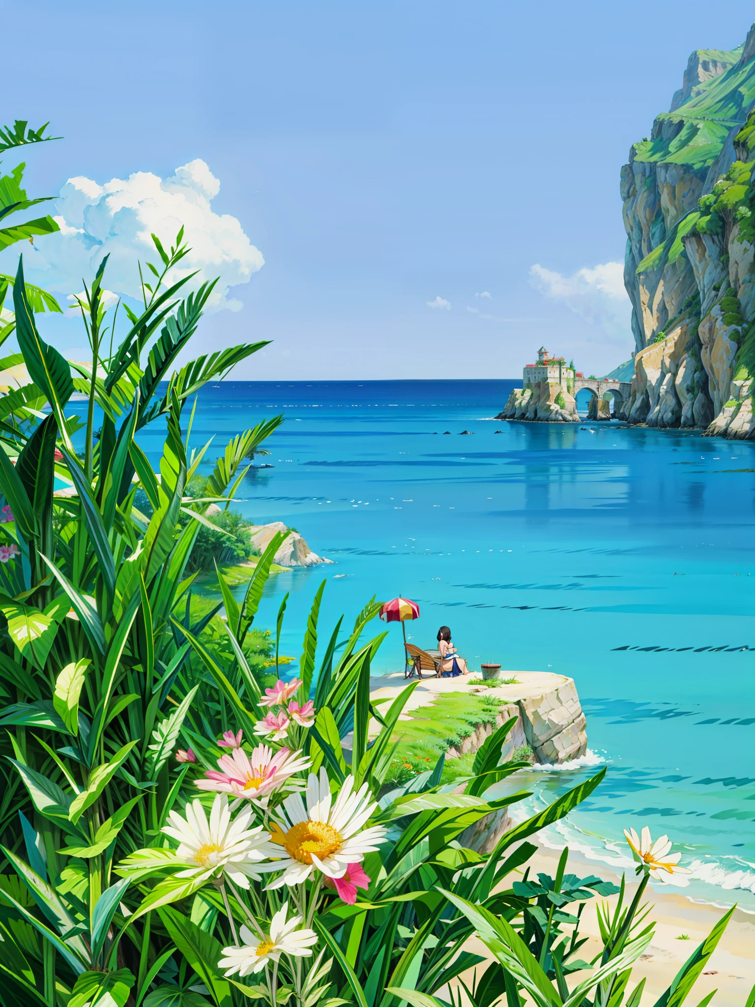 a painting of a beach with flowers in the foreground, mediterranean beach background, beautiful italian beach scene, beach background, beach and tropical vegetation, italian beach scene, sunny day background, happy italian beach scene, scenery artwork, sea background, beach on the outer rim, seaside backgroud, beach landscape, beautiful brush stroke rendering, beach setting, in a mediterranean lanscape, 4k hd,, beautiful art uhd 4 k, a beautiful artwork illustration, beautiful digital painting, highly detailed digital painting, beautiful digital artwork, detailed painting 4 k, very detailed digital painting, rich picturesque colors, gorgeous digital painting