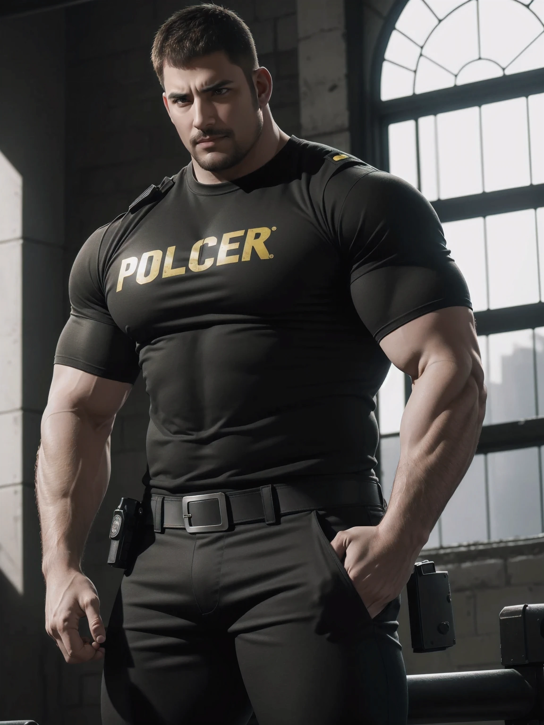 One Tall giant muscular police officer, he was angry, disheveled hair, thick thighs, Yellow and black police officer T-shirt, Very tight, Accentuate muscles, Police uniform pants, character concept（Resident Evil - chris redfield, chris redfield）proud expression, Deep and charming eyes, heroic male pose, tall burly, muscular！muscular thighs, tough guy, perfect facial features, High, burly, Heqiang, Super gain and cool, high resolution committee, Charming strong man, The bright sunshine shines on my face through the window