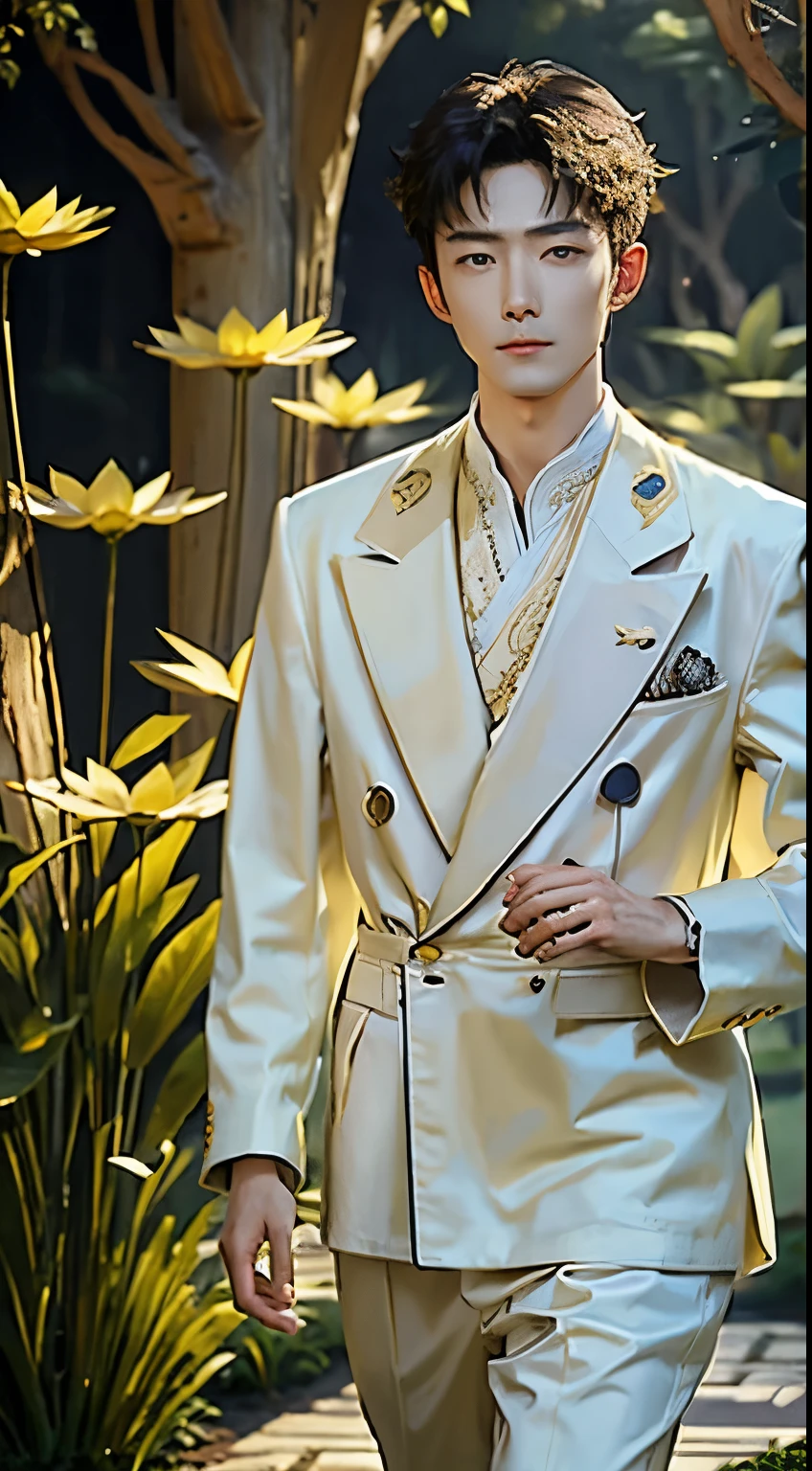 real handsome guys with delicate and realistic facial, 20-year old man walking on the green meadow path near the yellow lotus lake, a very handsome man, zhang ling he ,short hair, real face, handsome face, dressed in ancient white and gold Chinese monarchy clothes. Zhang Lin he. background is the yellow lotus wallpaper.