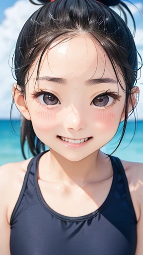 Highest quality、Realistic、、zoom、Primary school students、Women、low length、cute、Light grey eyes、Black Hair、short hair、Tanned brown skin、Dark Skin、Blue swimsuit、Flat Chest、、thin、smile、Ocean、Bust Shot