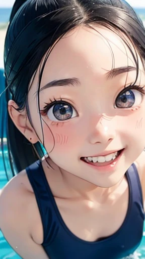 highest quality、realistic、Japanese、girl、zoom、look up、cute、Gray eyes、ponytail、black hair、all back、Forehead is coming out、Ocean、light blue swimsuit、joy、Grinning、face close up