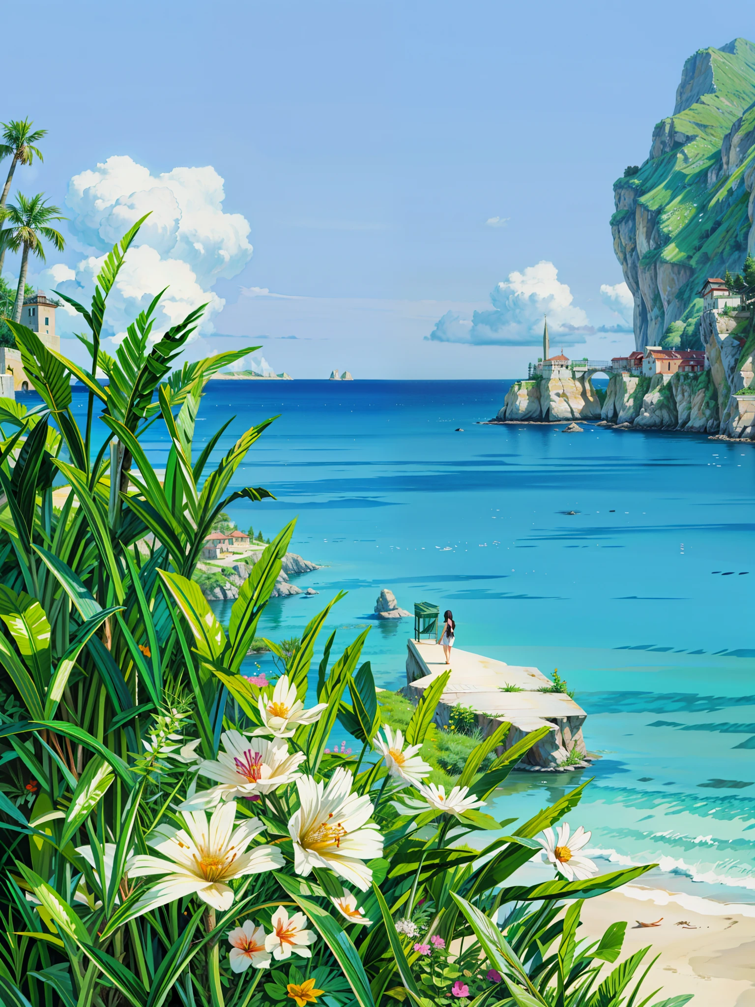 a painting of a beach with flowers in the foreground, mediterranean beach background, beautiful italian beach scene, beach background, beach and tropical vegetation, italian beach scene, sunny day background, happy italian beach scene, scenery artwork, sea background, beach on the outer rim, seaside backgroud, beach landscape, beautiful brush stroke rendering, beach setting, in a mediterranean lanscape, 4k hd,, beautiful art uhd 4 k, a beautiful artwork illustration, beautiful digital painting, highly detailed digital painting, beautiful digital artwork, detailed painting 4 k, very detailed digital painting, rich picturesque colors, gorgeous digital painting